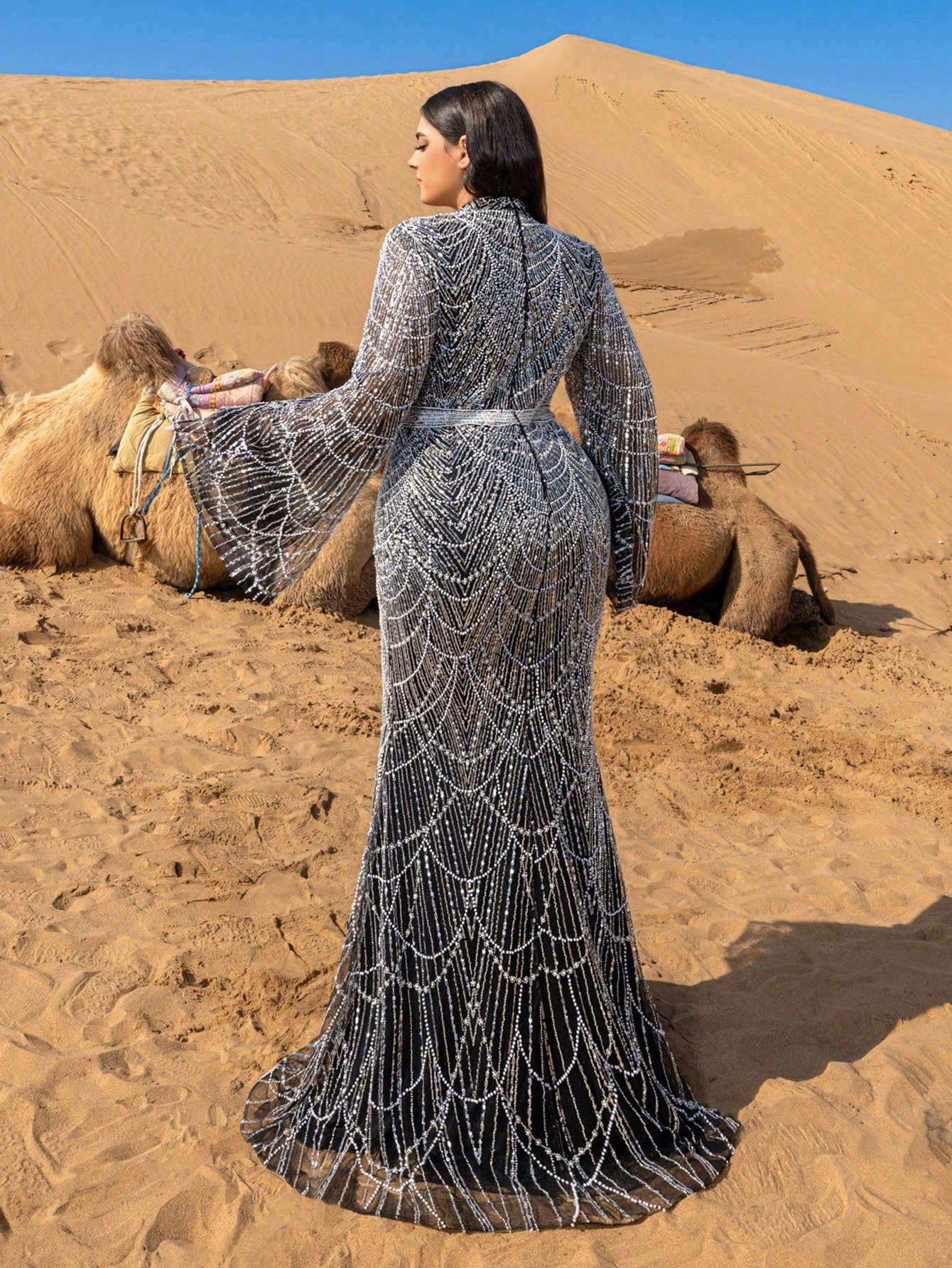 Plus Gorgeous Mock Neck Flared Sleeves Mermaid Hem Beaded Formal Dresses & Evening Gowns