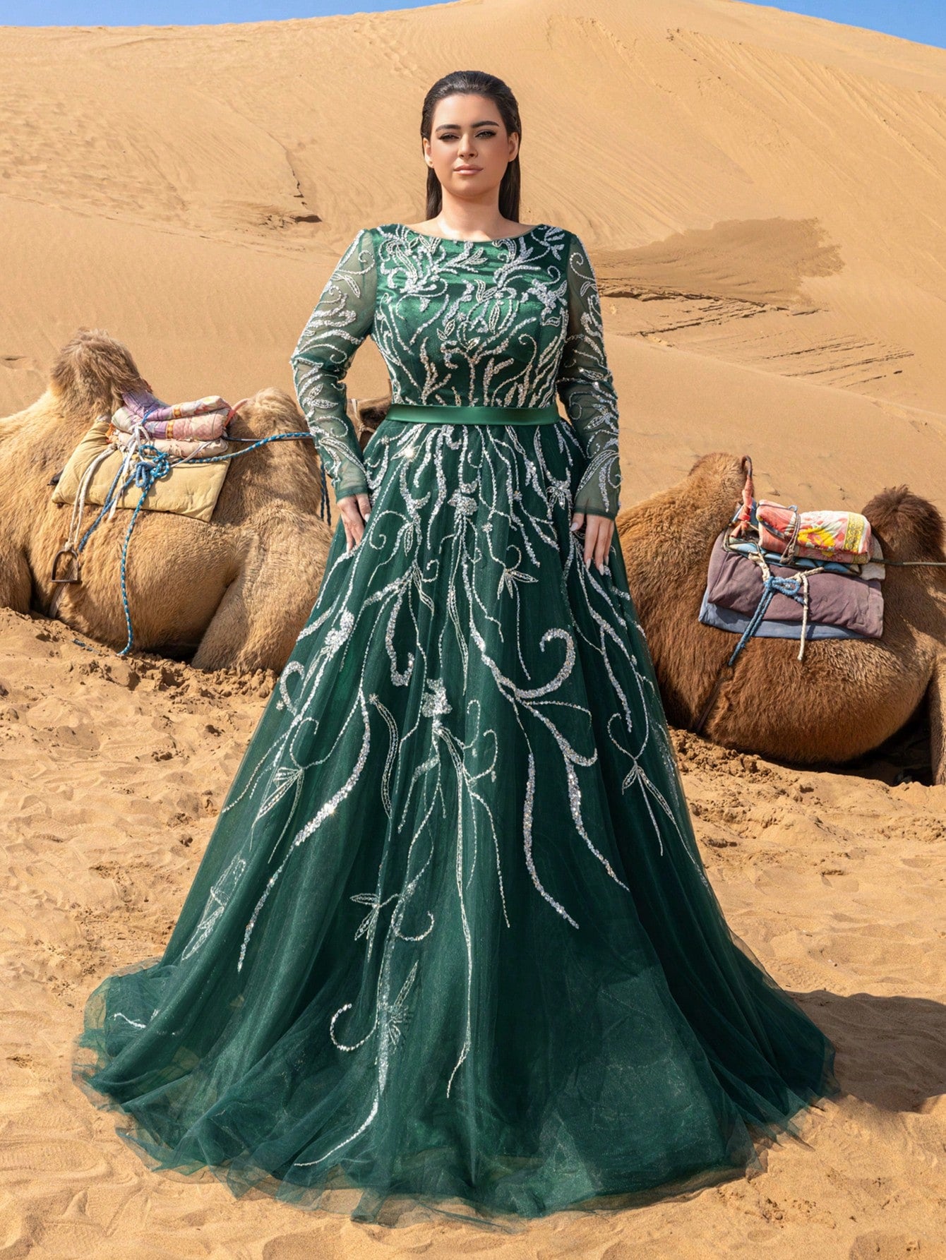 Beaded Round Neck Long Sleeve A-Line Dress for Spring/Summer Formal Events