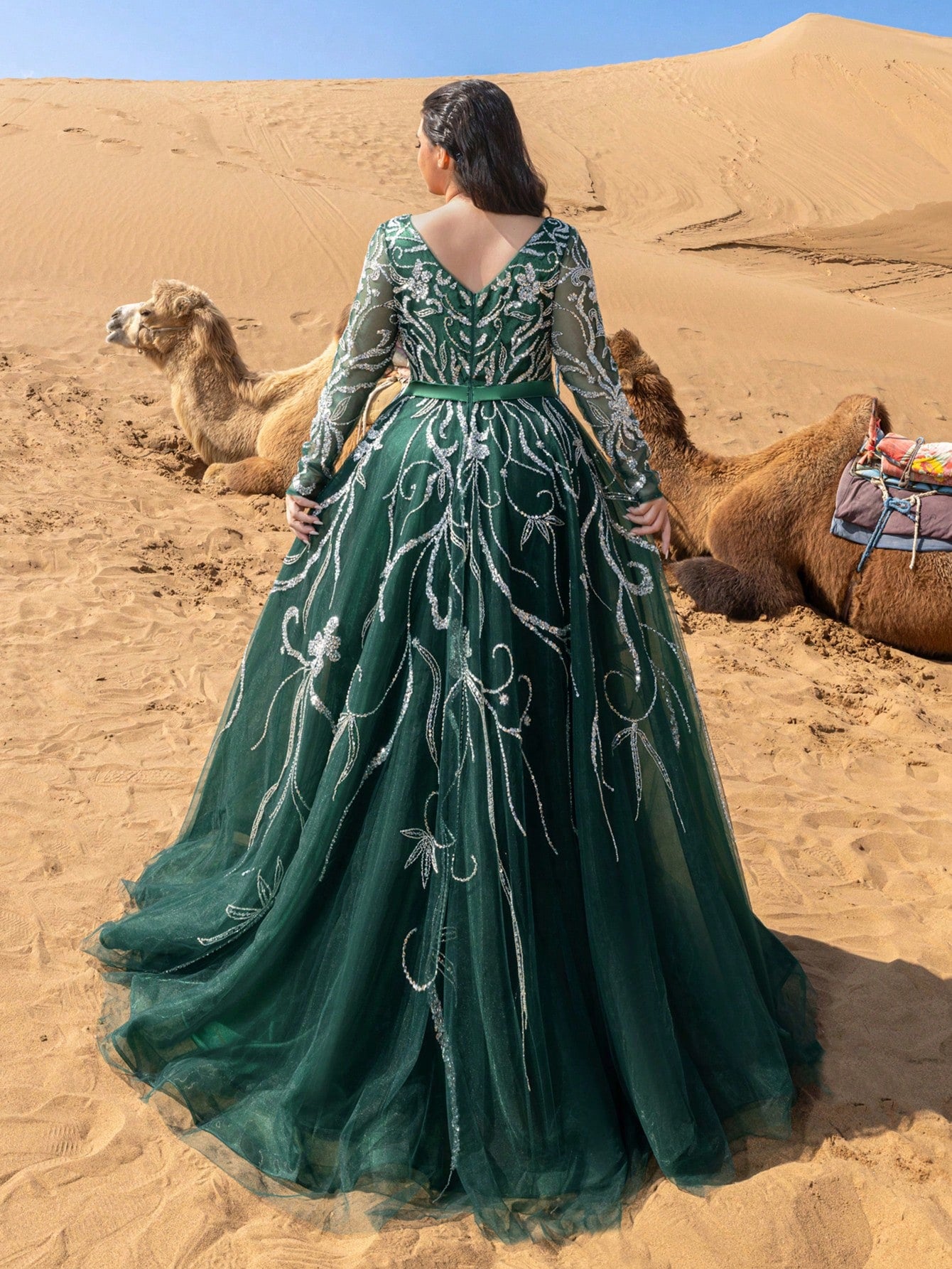 Beaded Round Neck Long Sleeve A-Line Dress for Spring/Summer Formal Events