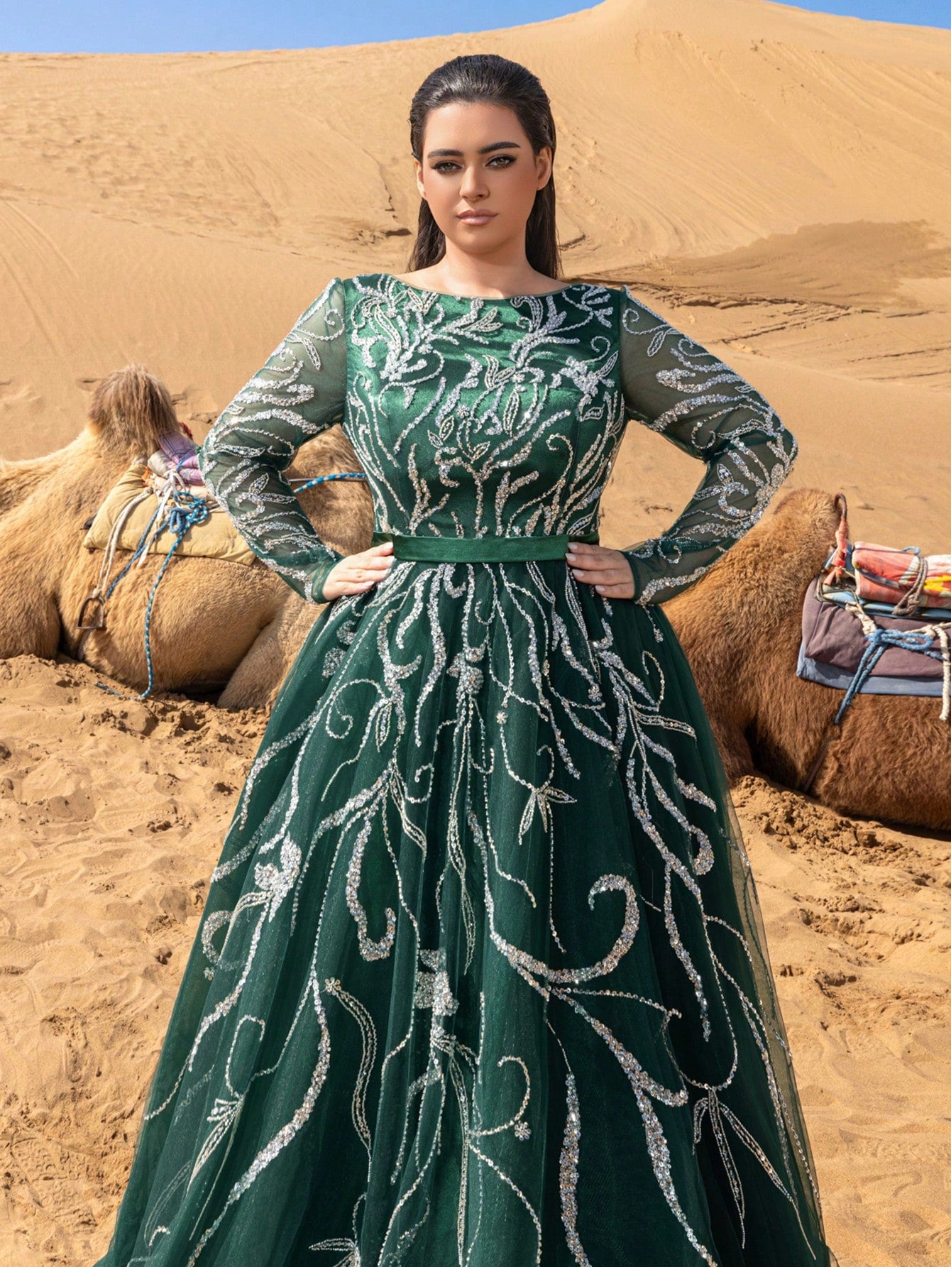 Beaded Round Neck Long Sleeve A-Line Dress for Spring/Summer Formal Events