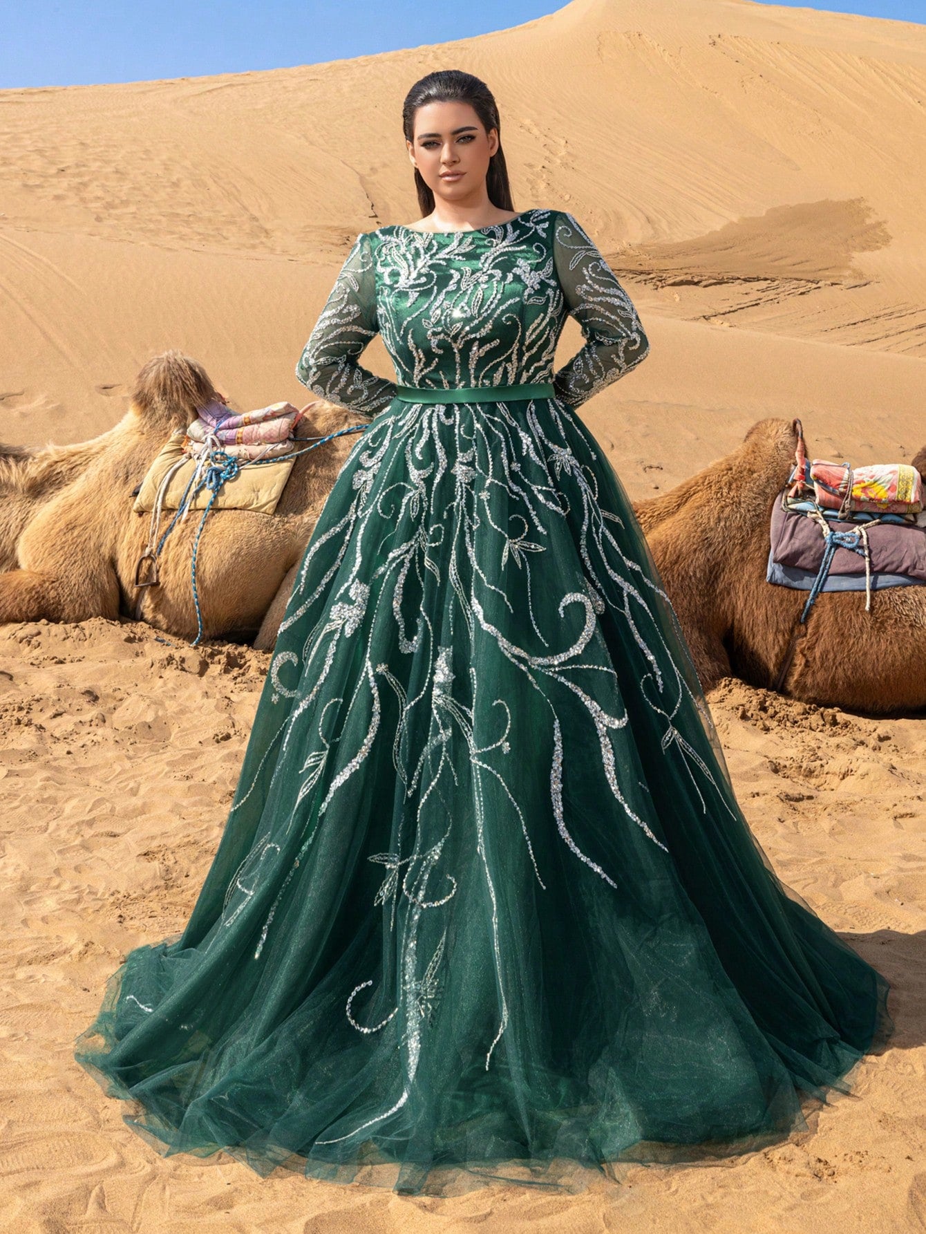 Beaded Round Neck Long Sleeve A-Line Dress for Spring/Summer Formal Events