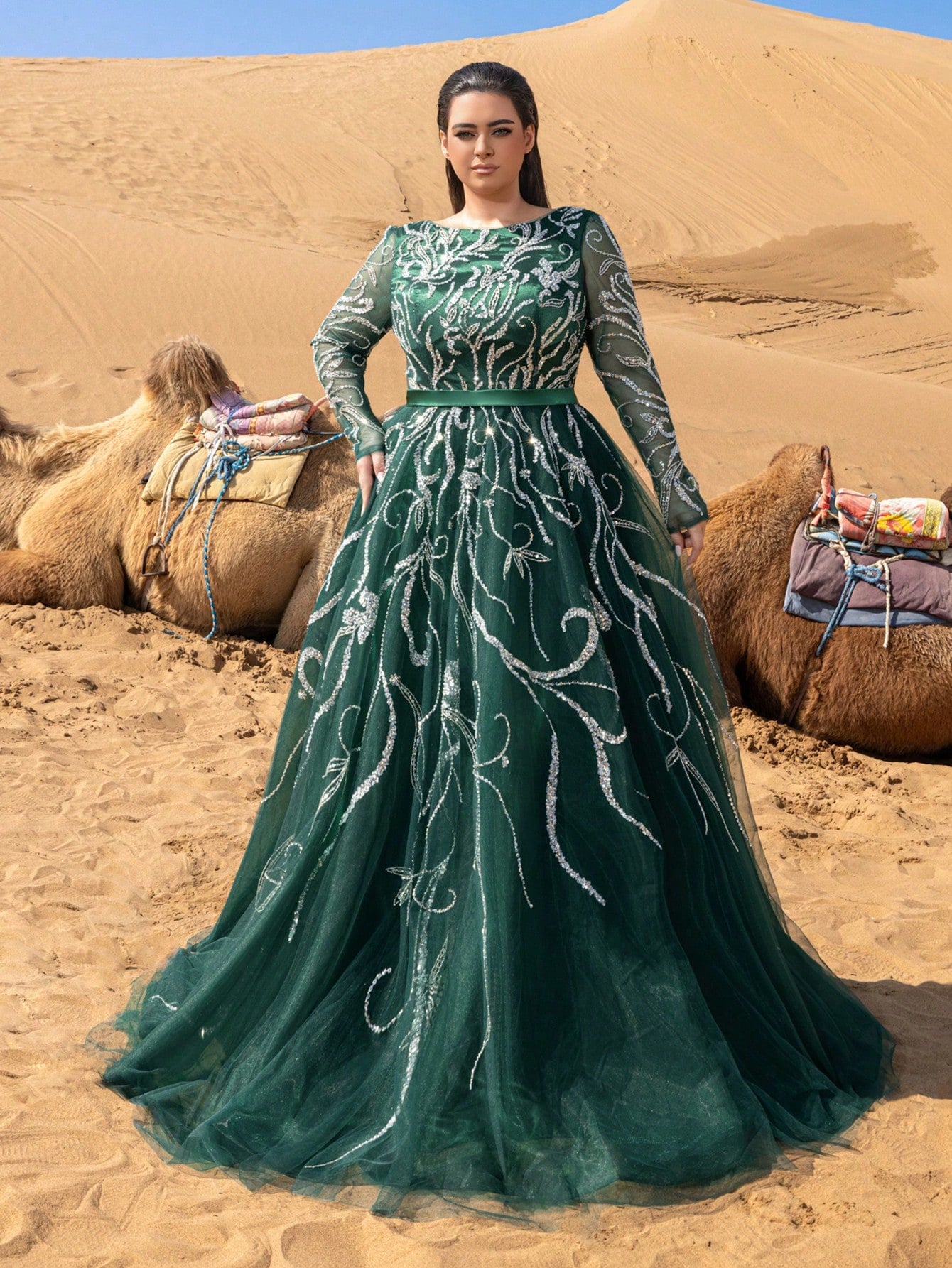 Beaded Round Neck Long Sleeve A-Line Dress for Spring/Summer Formal Events