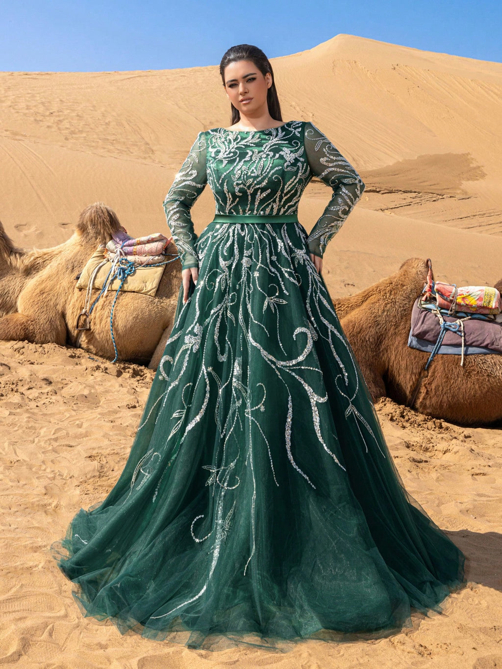 Beaded Round Neck Long Sleeve A-Line Dress for Spring/Summer Formal Events