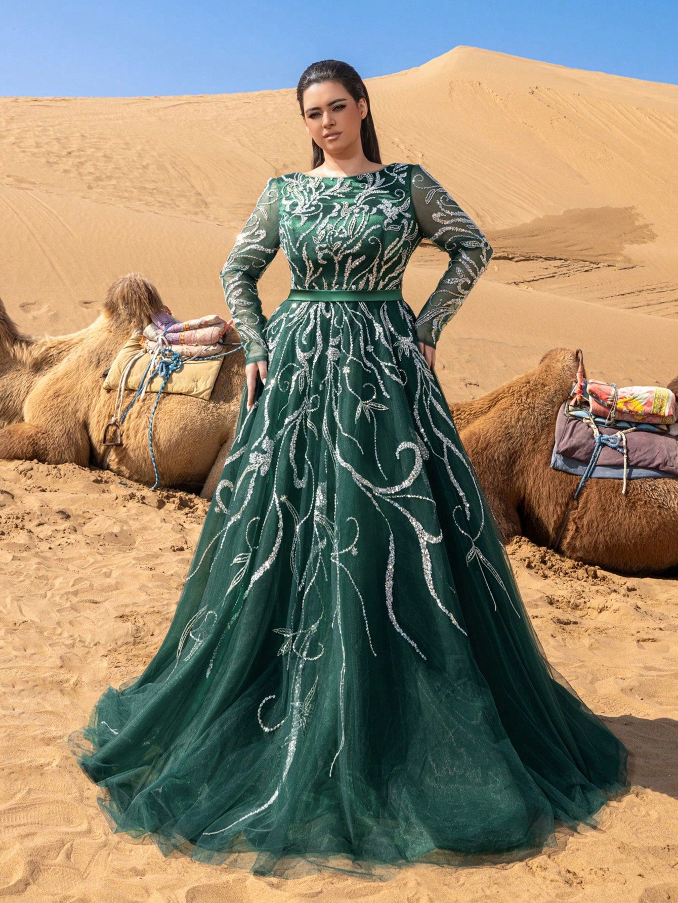Beaded Round Neck Long Sleeve A-Line Dress for Spring/Summer Formal Events