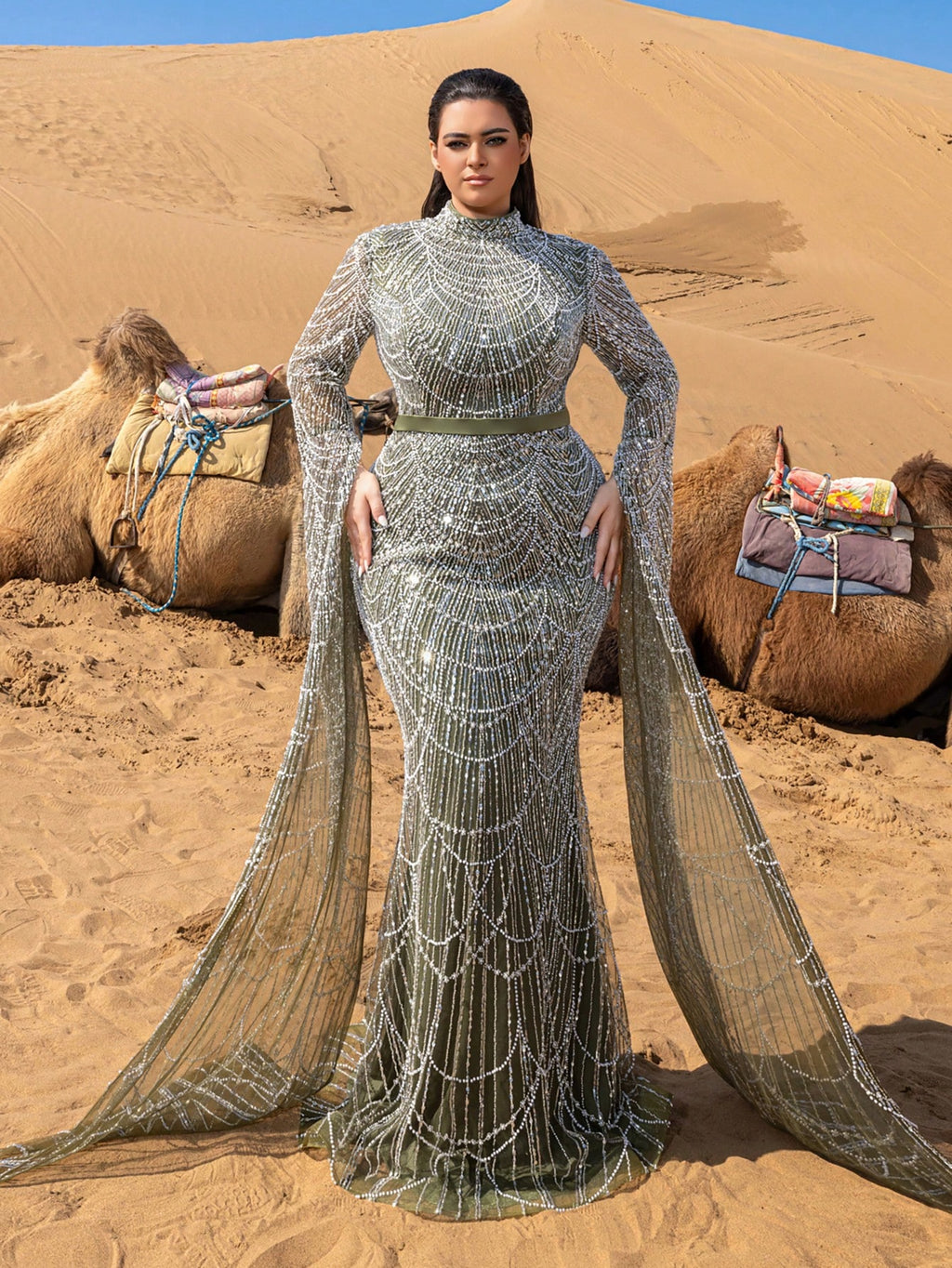 Plus Luxury Mock Neck Extra-Long Sleeves Mermaid Hem Beaded Formal Dresses & Evening Gowns
