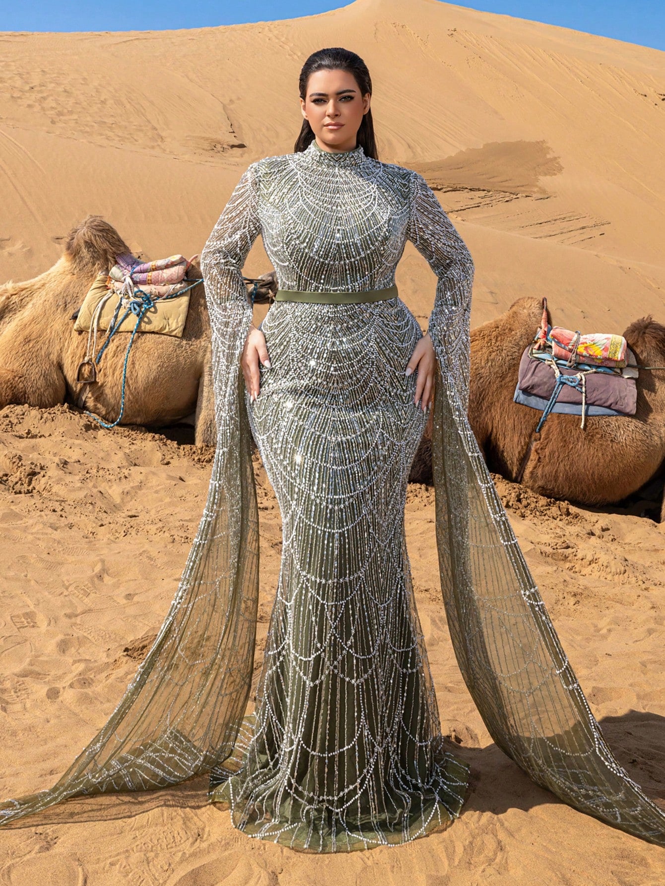 Plus Luxury Mock Neck Extra-Long Sleeves Mermaid Hem Beaded Formal Dresses & Evening Gowns