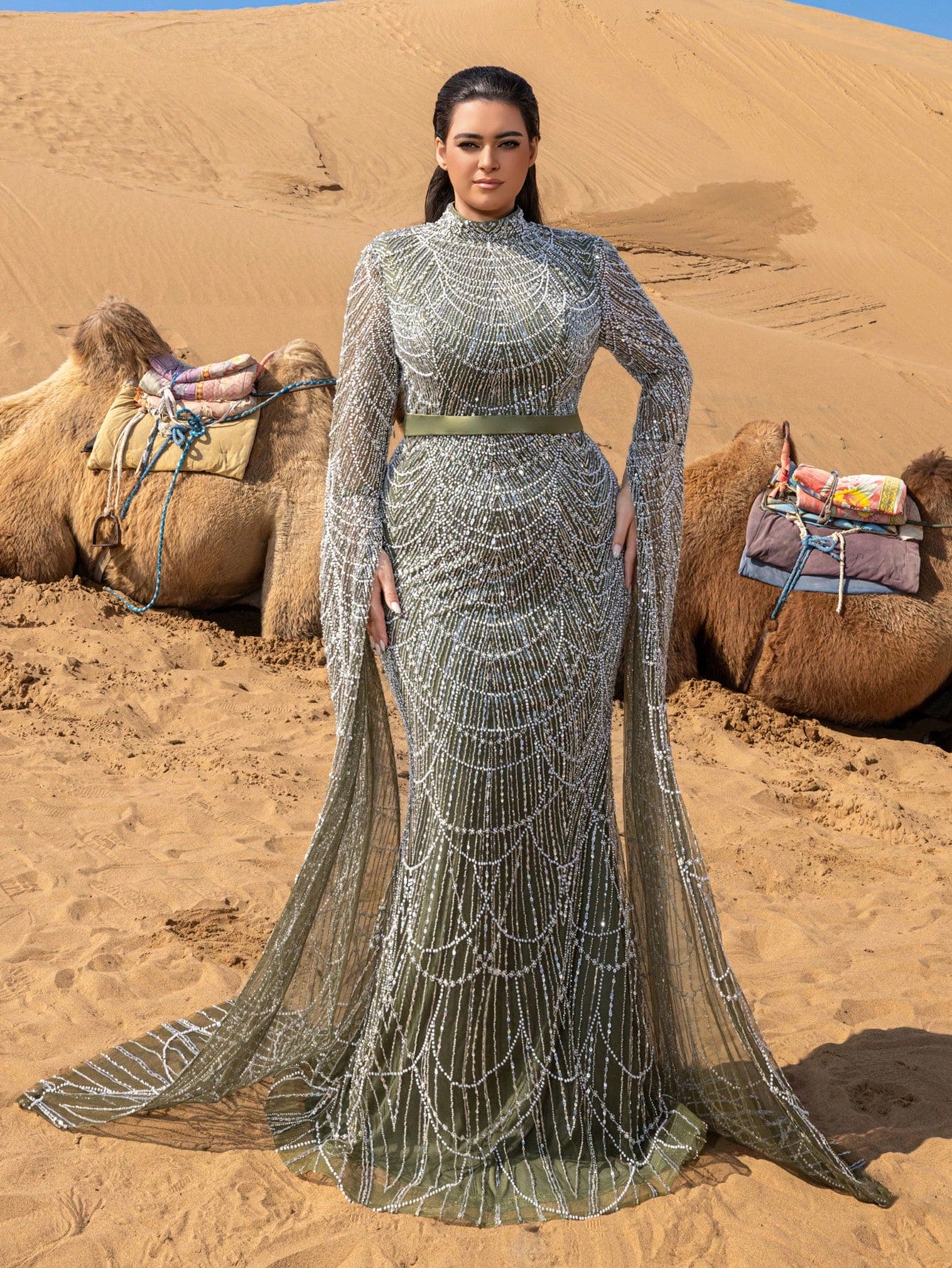Plus Luxury Mock Neck Extra-Long Sleeves Mermaid Hem Beaded Formal Dresses & Evening Gowns