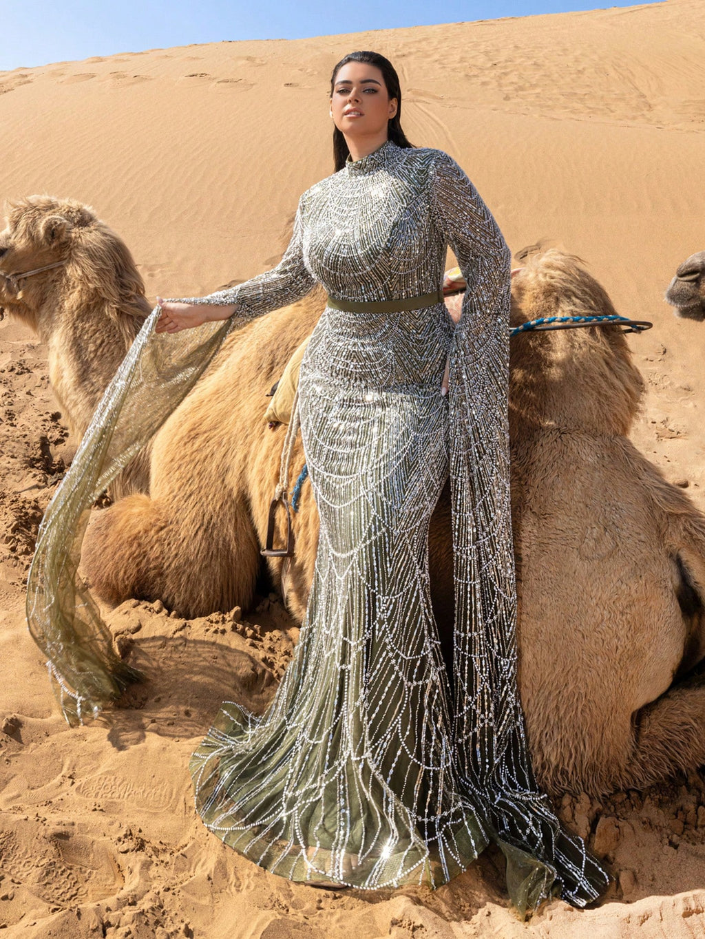 Plus Luxury Mock Neck Extra-Long Sleeves Mermaid Hem Beaded Formal Dresses & Evening Gowns
