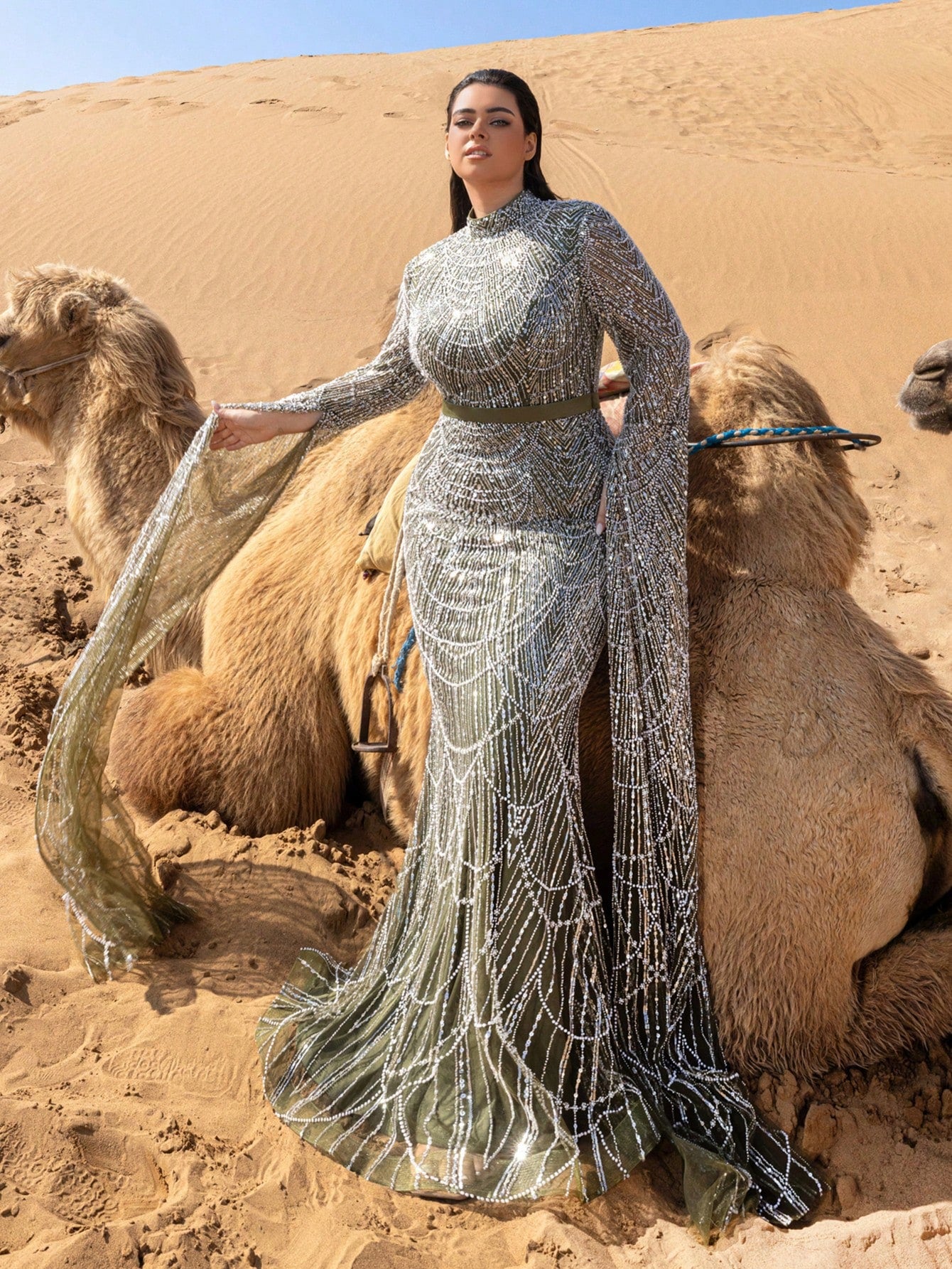 Plus Luxury Mock Neck Extra-Long Sleeves Mermaid Hem Beaded Formal Dresses & Evening Gowns