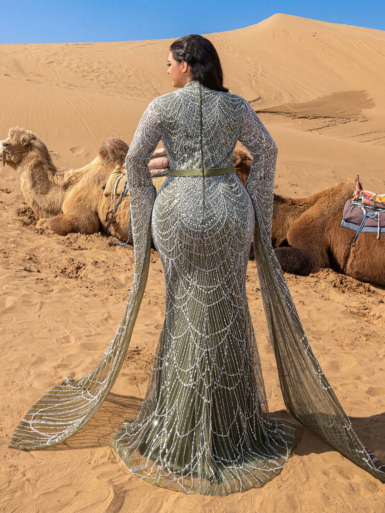Plus Luxury Mock Neck Extra-Long Sleeves Mermaid Hem Beaded Formal Dresses & Evening Gowns