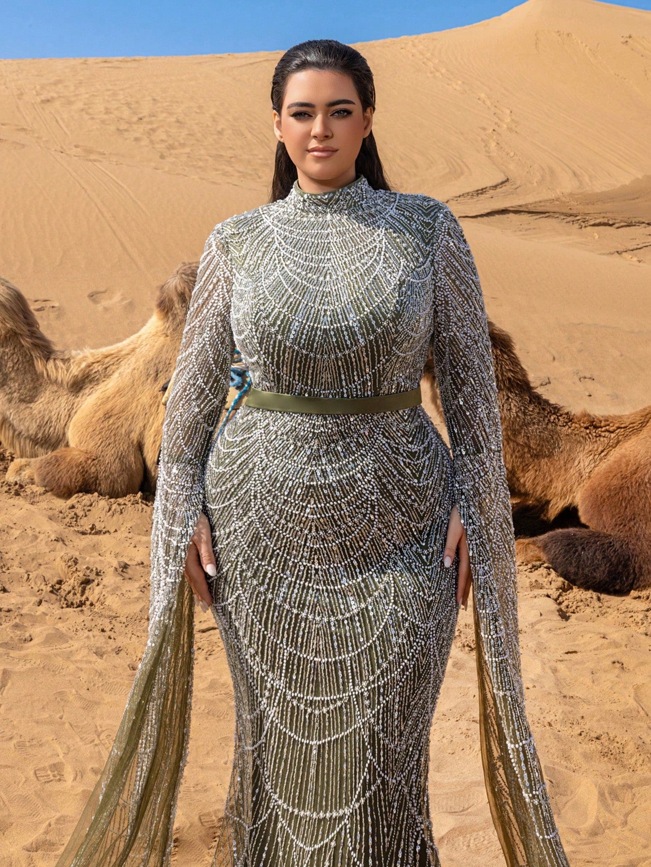 Plus Luxury Mock Neck Extra-Long Sleeves Mermaid Hem Beaded Formal Dresses & Evening Gowns