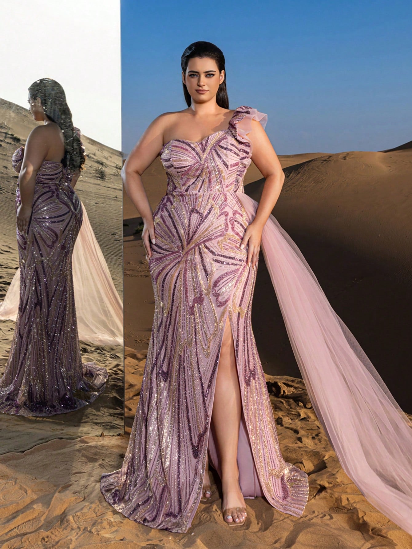 Plus Gorgeous One Shoulder Ruffle Trim Split Thigh Beaded Formal Dresses & Evening Gowns