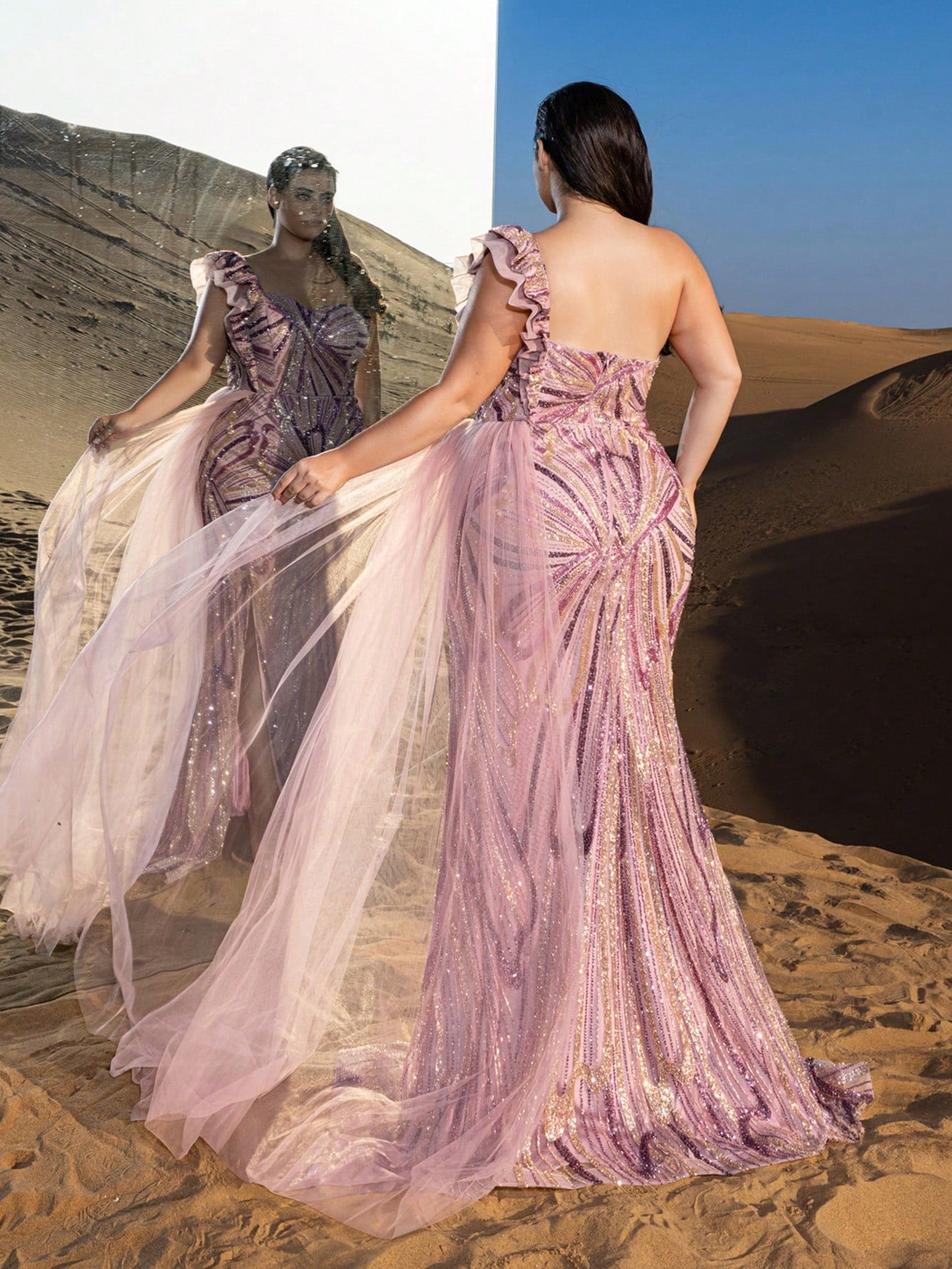 Plus Gorgeous One Shoulder Ruffle Trim Split Thigh Beaded Formal Dresses & Evening Gowns