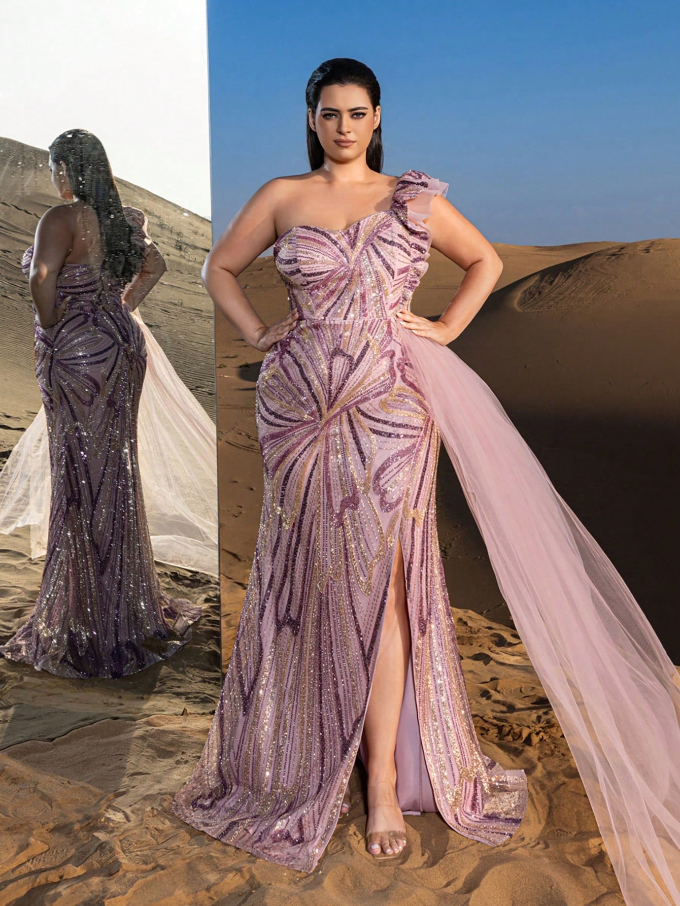 Plus Gorgeous One Shoulder Ruffle Trim Split Thigh Beaded Formal Dresses & Evening Gowns