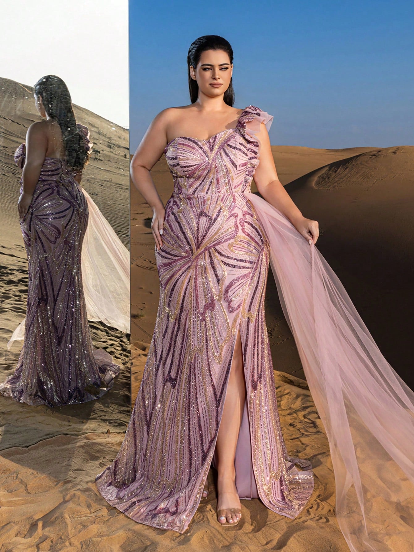 Plus Gorgeous One Shoulder Ruffle Trim Split Thigh Beaded Formal Dresses & Evening Gowns