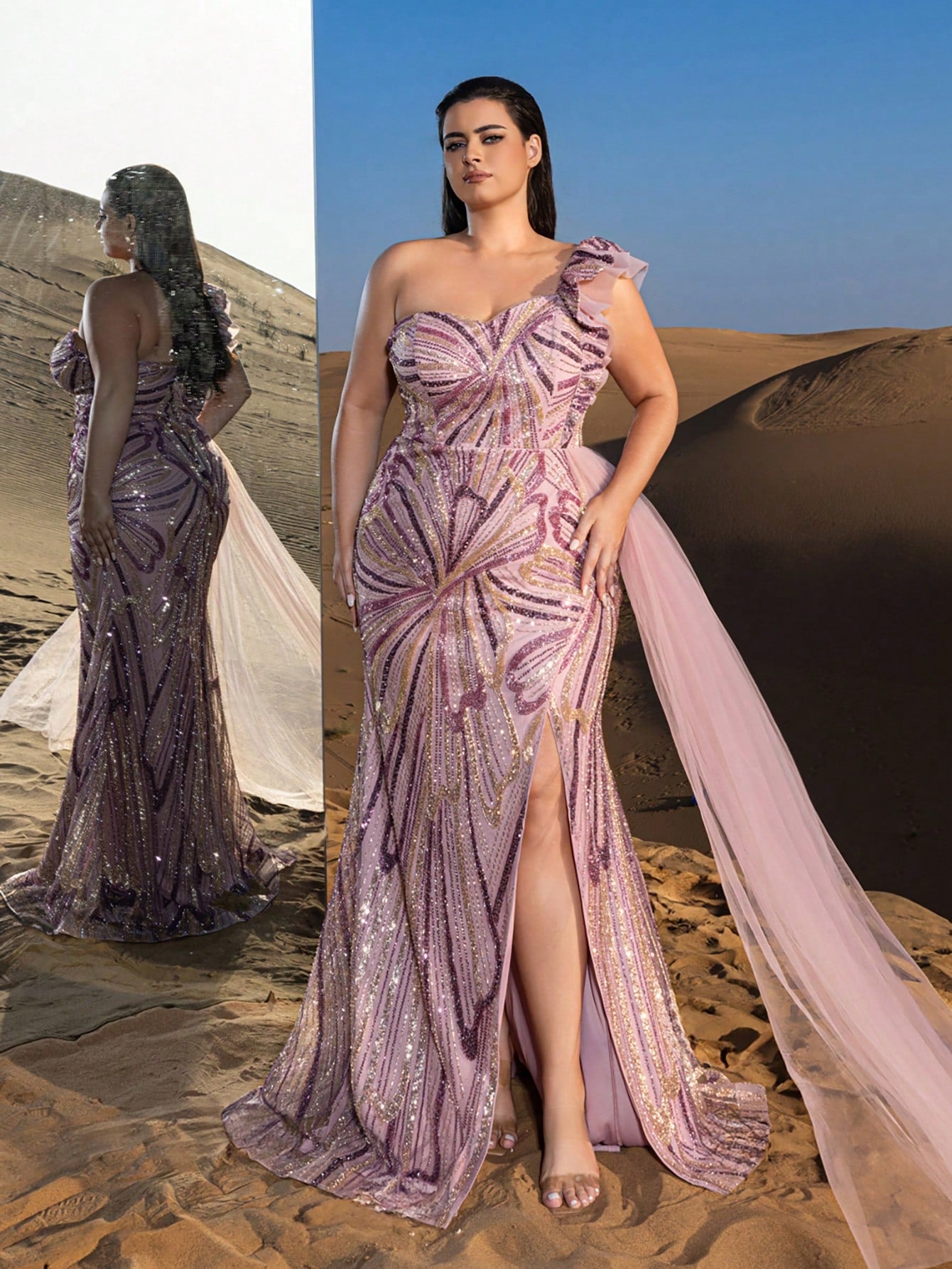 Plus Gorgeous One Shoulder Ruffle Trim Split Thigh Beaded Formal Dresses & Evening Gowns