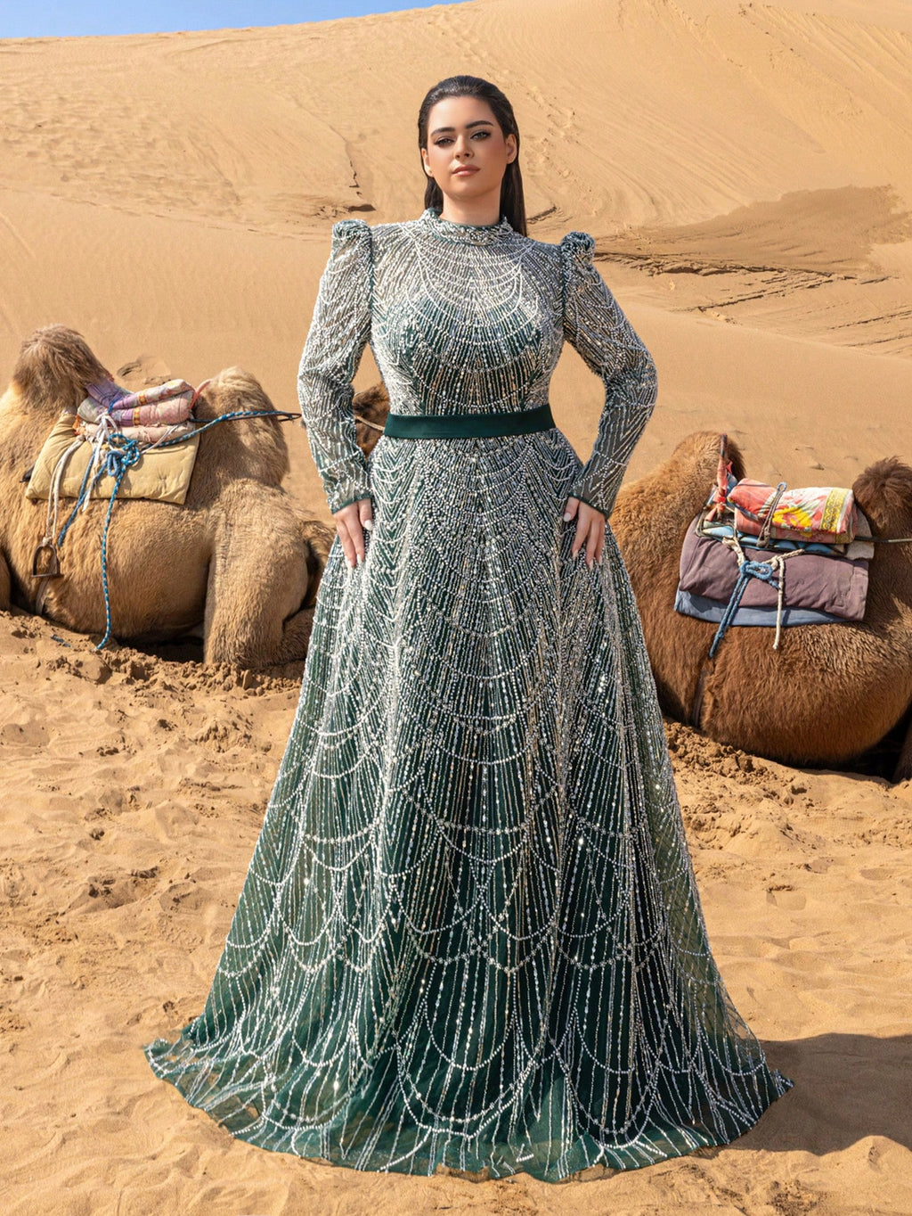 Plus Gorgeous Luxury Stand Collar Long Sleeve Beaded Gowns Formal Dresses & Evening Gowns