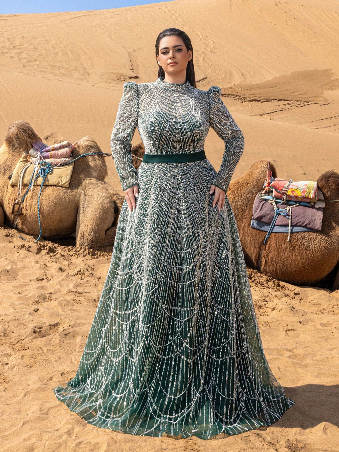 Plus Gorgeous Luxury Stand Collar Long Sleeve Beaded Gowns Formal Dresses & Evening Gowns