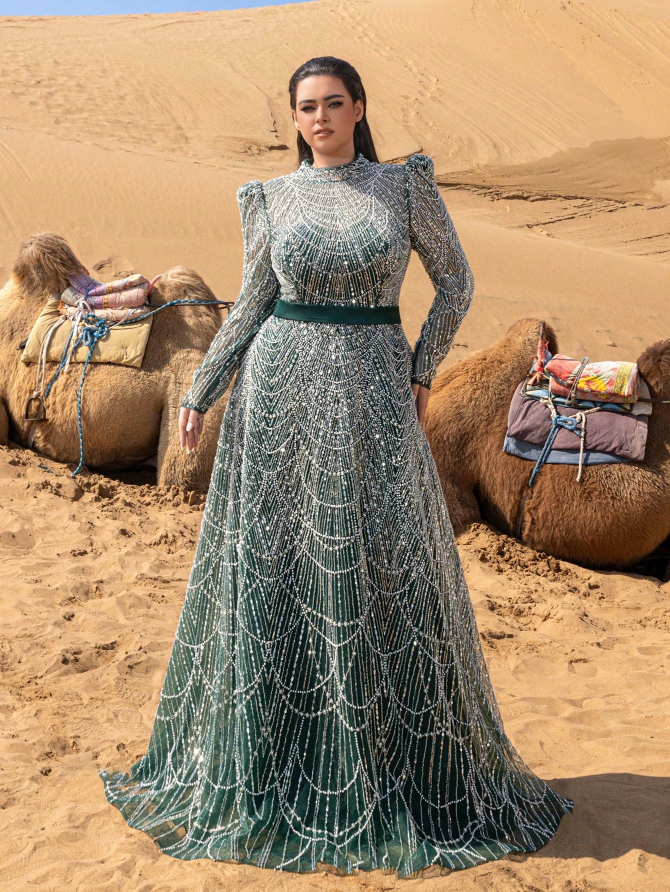 Plus Gorgeous Luxury Stand Collar Long Sleeve Beaded Gowns Formal Dresses & Evening Gowns