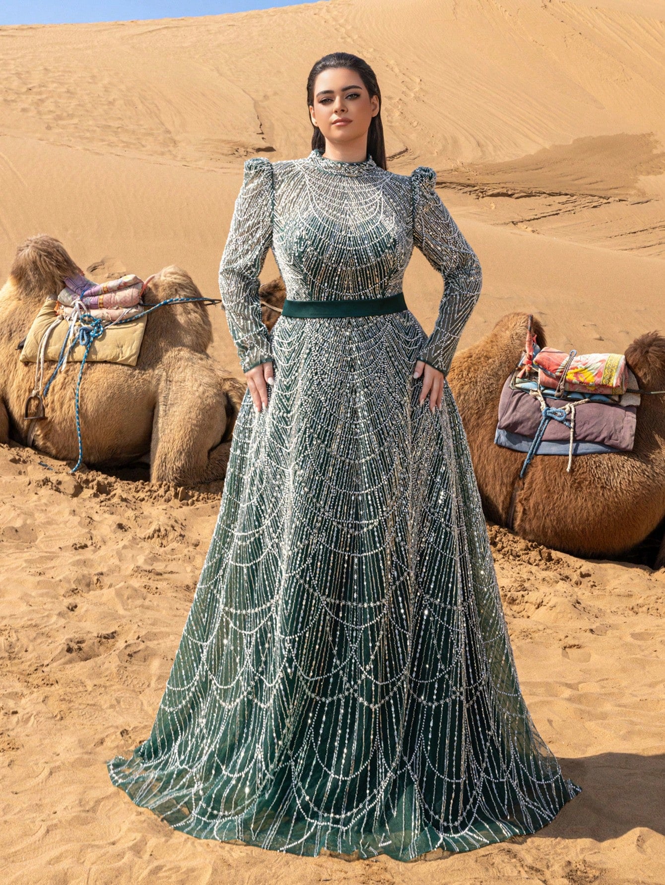 Plus Gorgeous Luxury Stand Collar Long Sleeve Beaded Gowns Formal Dresses & Evening Gowns