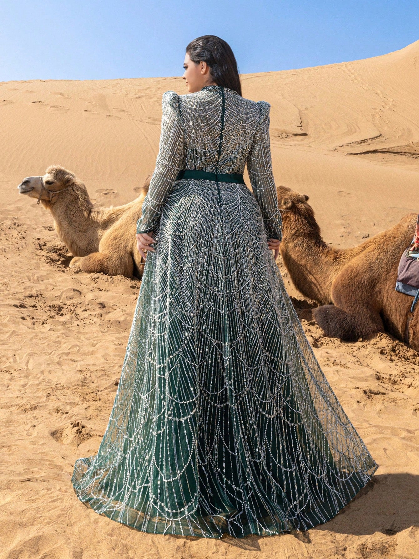 Plus Gorgeous Luxury Stand Collar Long Sleeve Beaded Gowns Formal Dresses & Evening Gowns