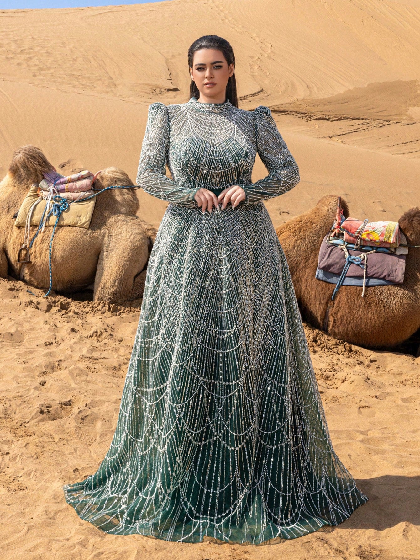 Plus Gorgeous Luxury Stand Collar Long Sleeve Beaded Gowns Formal Dresses & Evening Gowns