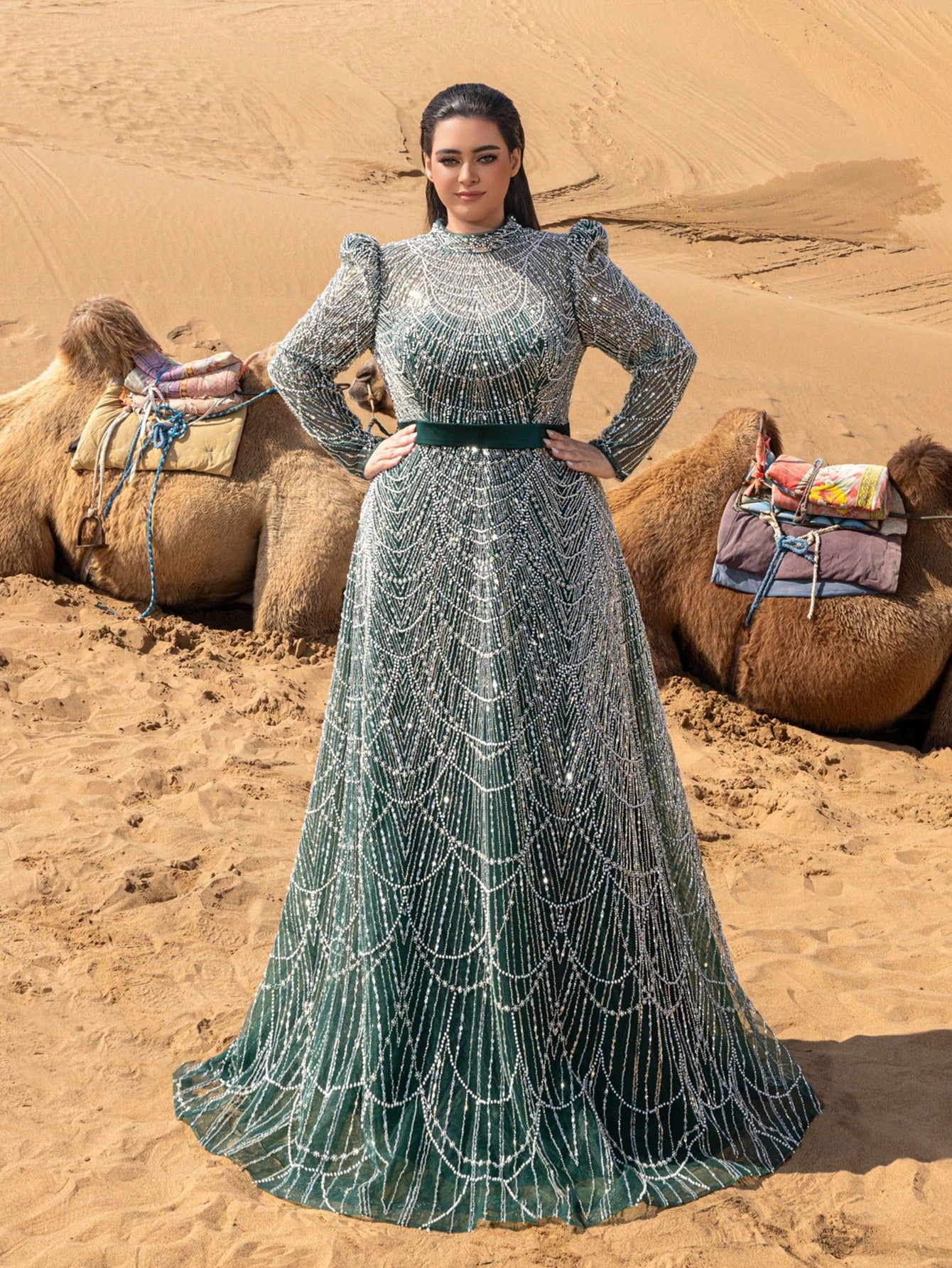 Plus Gorgeous Luxury Stand Collar Long Sleeve Beaded Gowns Formal Dresses & Evening Gowns