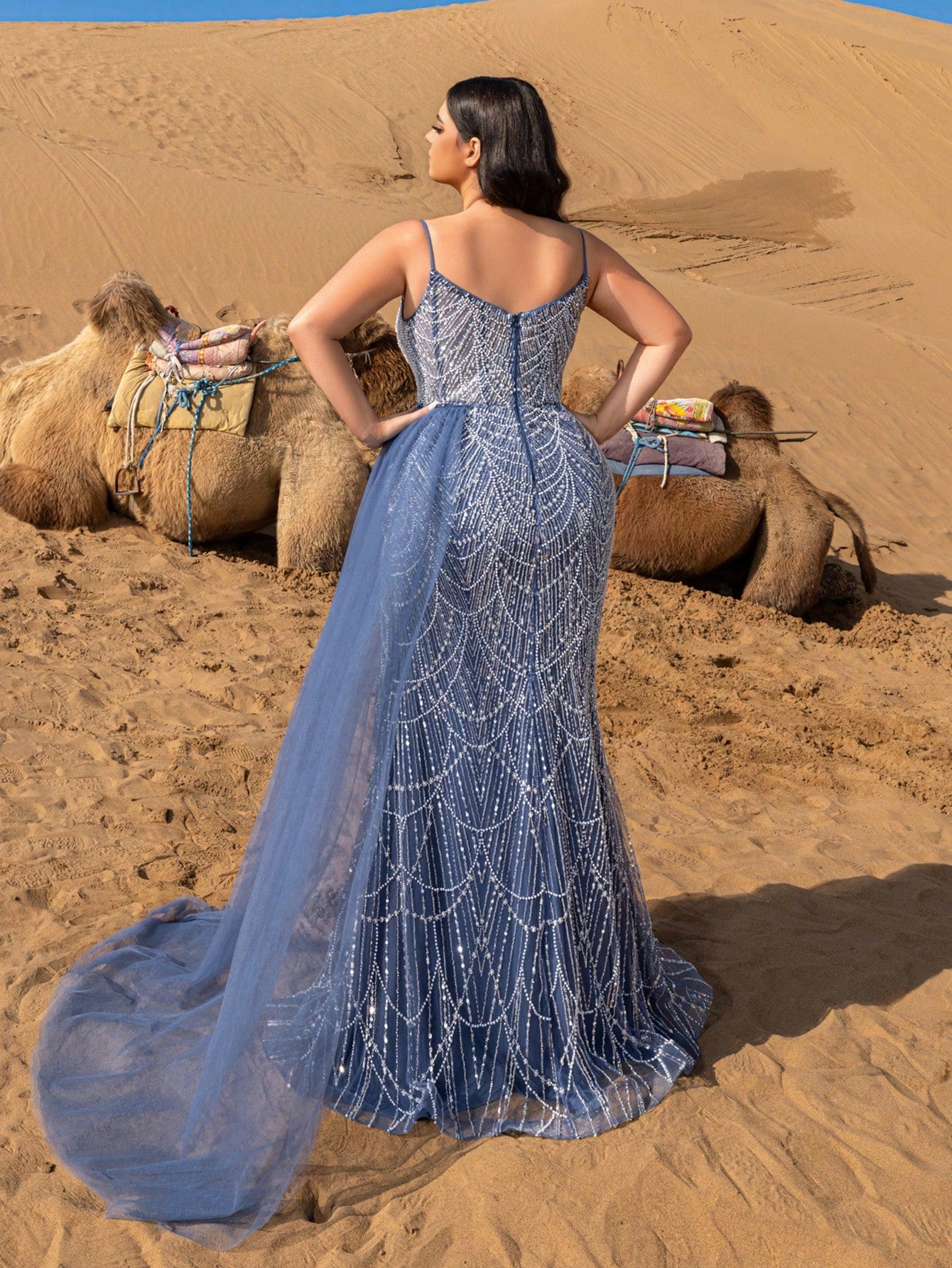 Plus Gorgeous Split Thigh Mermaid Hem Beaded Formal Cami Dresses & Evening Gowns