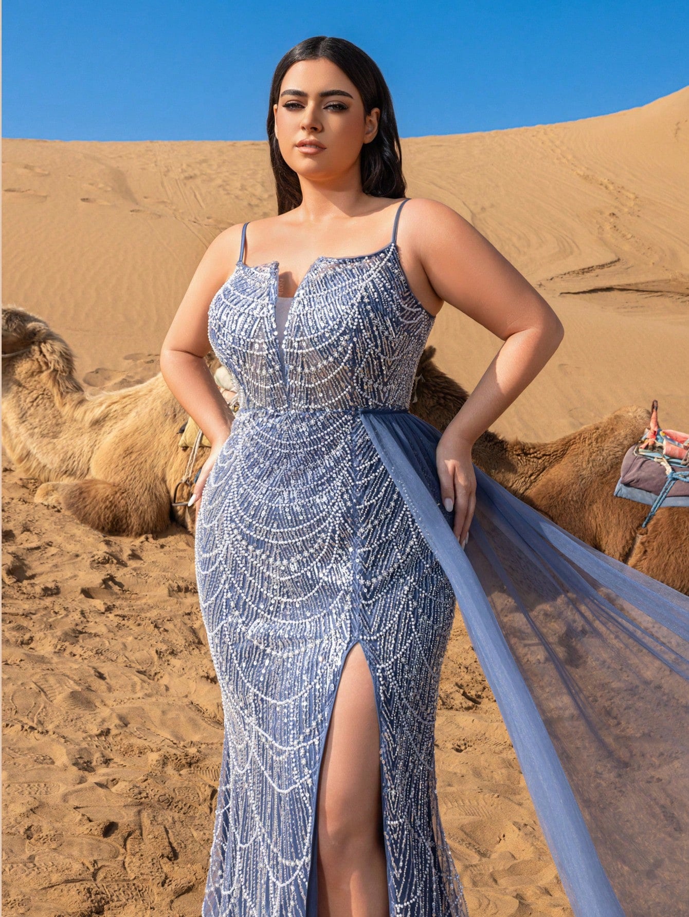 Plus Gorgeous Split Thigh Mermaid Hem Beaded Formal Cami Dresses & Evening Gowns