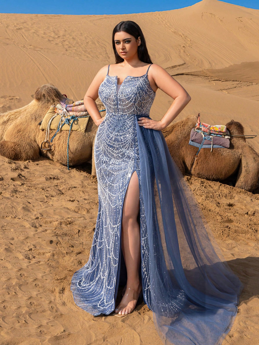 Plus Gorgeous Split Thigh Mermaid Hem Beaded Formal Cami Dresses & Evening Gowns