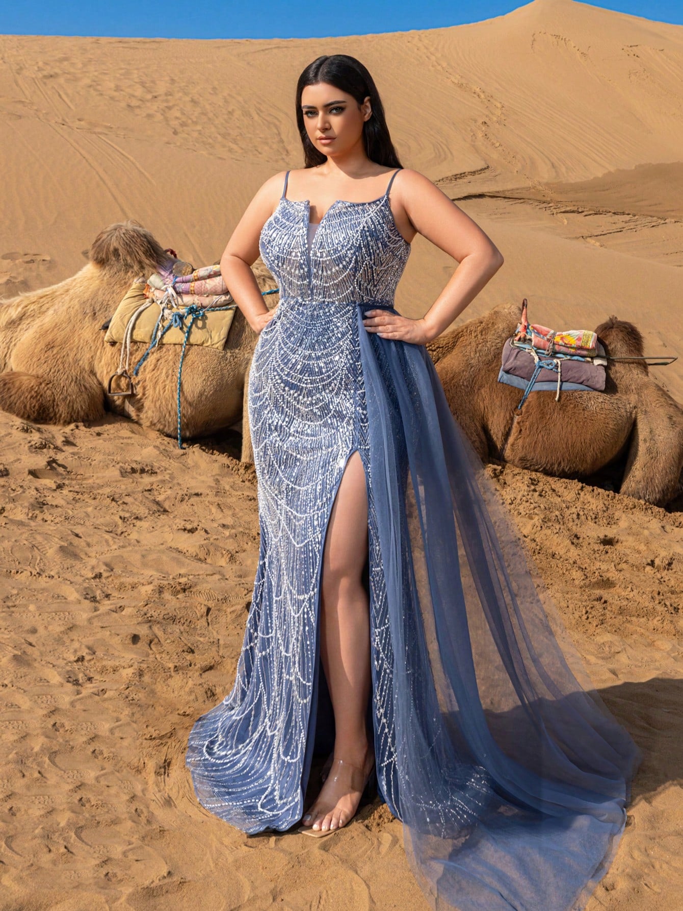 Plus Gorgeous Split Thigh Mermaid Hem Beaded Formal Cami Dresses & Evening Gowns