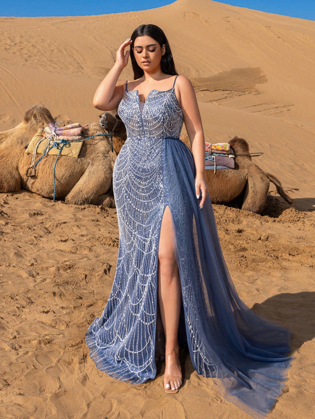 Plus Gorgeous Split Thigh Mermaid Hem Beaded Formal Cami Dresses & Evening Gowns