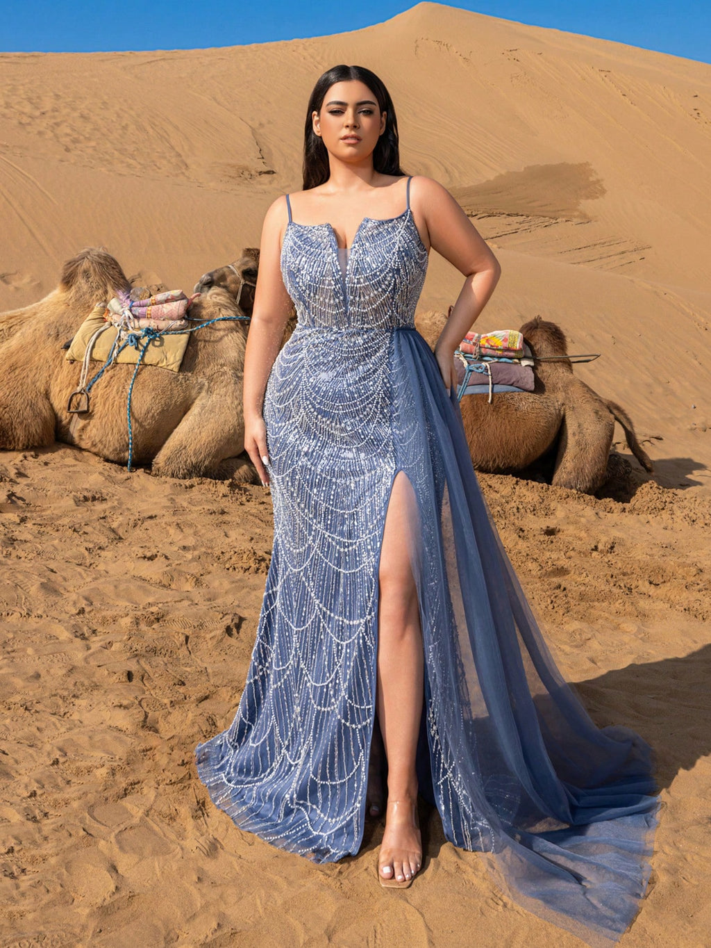 Plus Gorgeous Split Thigh Mermaid Hem Beaded Formal Cami Dresses & Evening Gowns