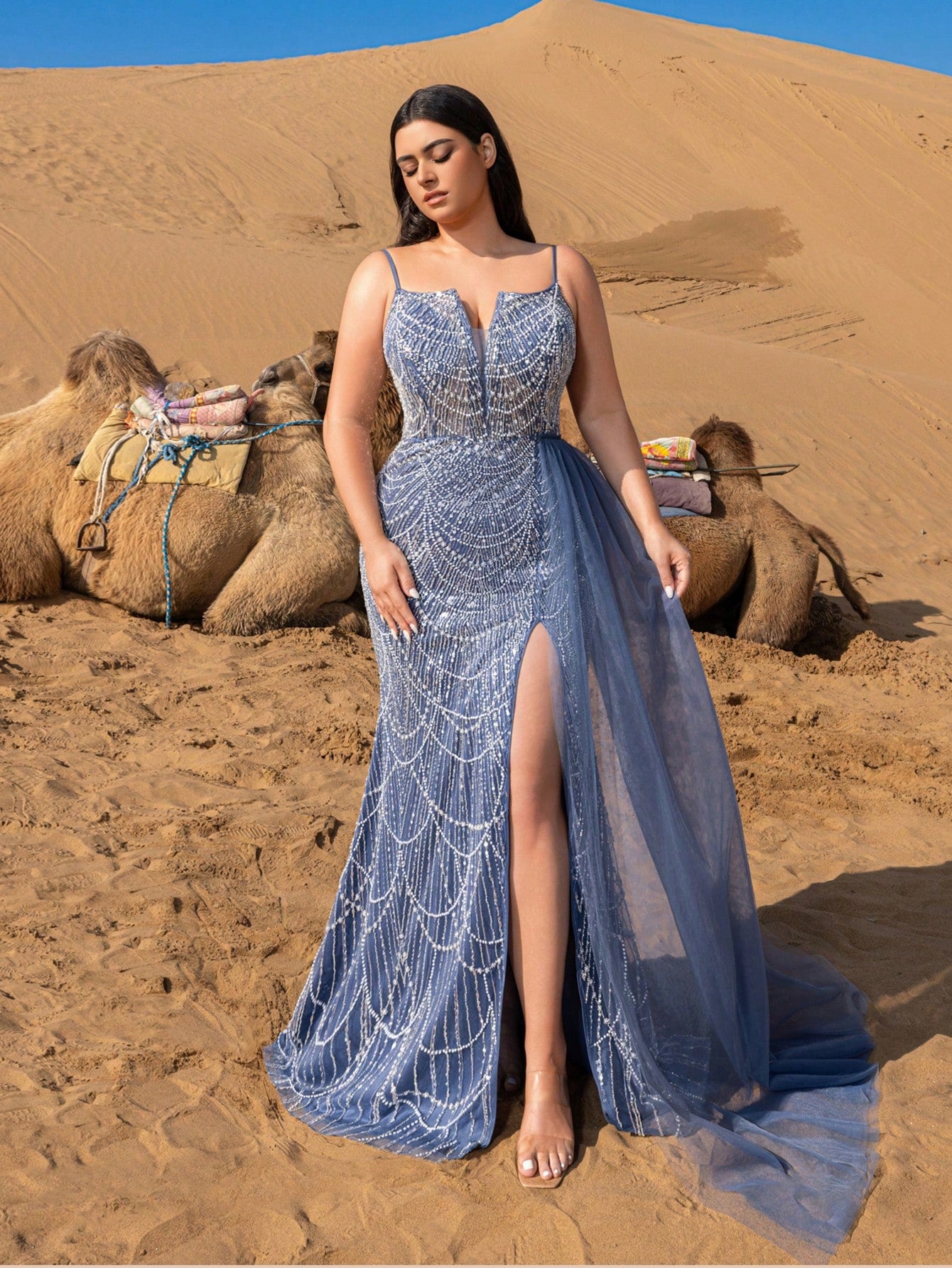 Plus Gorgeous Split Thigh Mermaid Hem Beaded Formal Cami Dresses & Evening Gowns