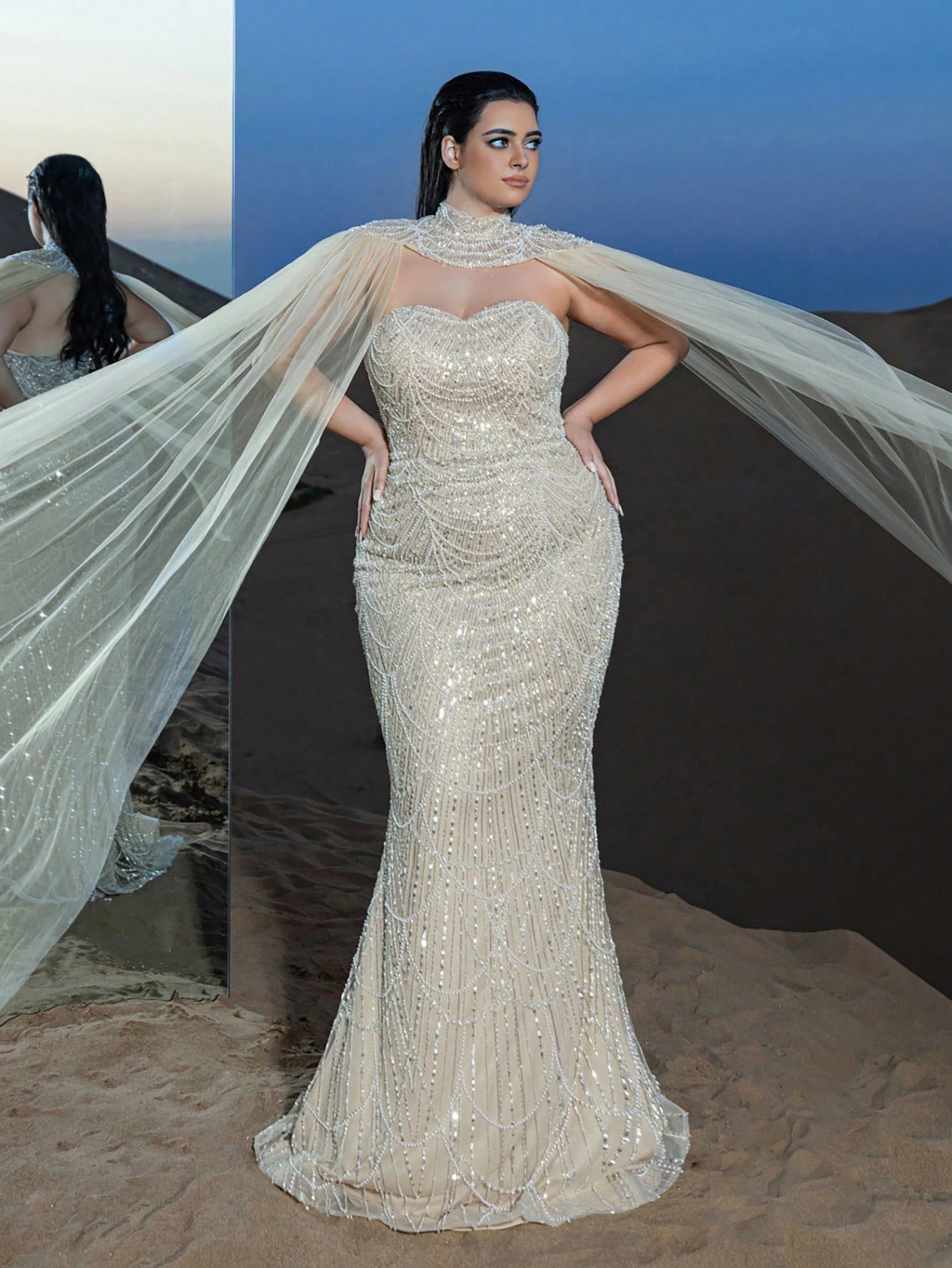 Plus Gorgeous Strapless Mermaid Hem Beaded Formal Dresses with Tulle Cape Two-piece Set