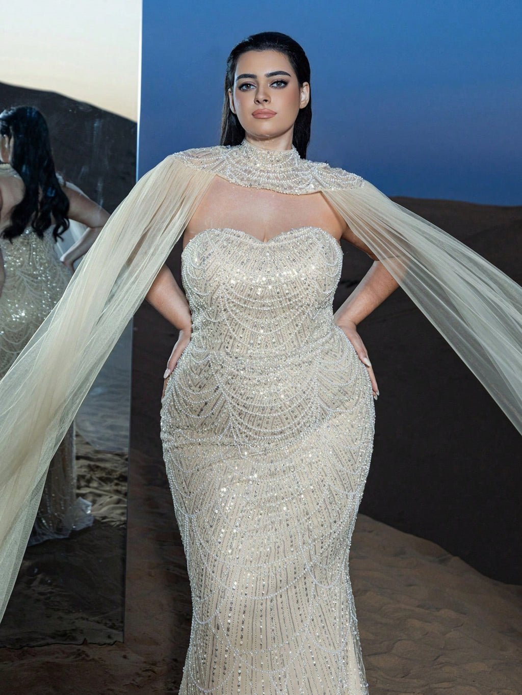 Plus Gorgeous Strapless Mermaid Hem Beaded Formal Dresses with Tulle Cape Two-piece Set