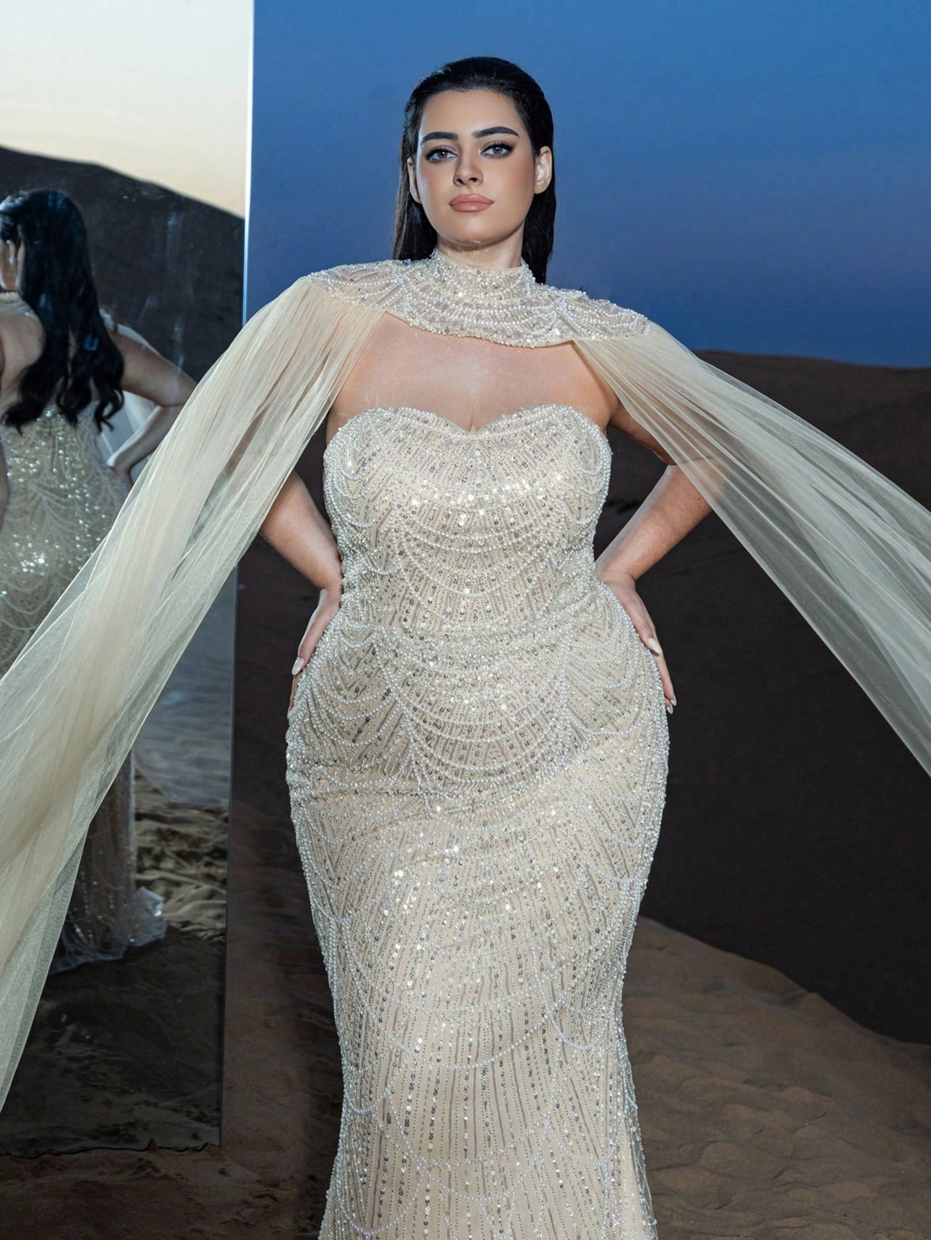 Plus Gorgeous Strapless Mermaid Hem Beaded Formal Dresses with Tulle Cape Two-piece Set