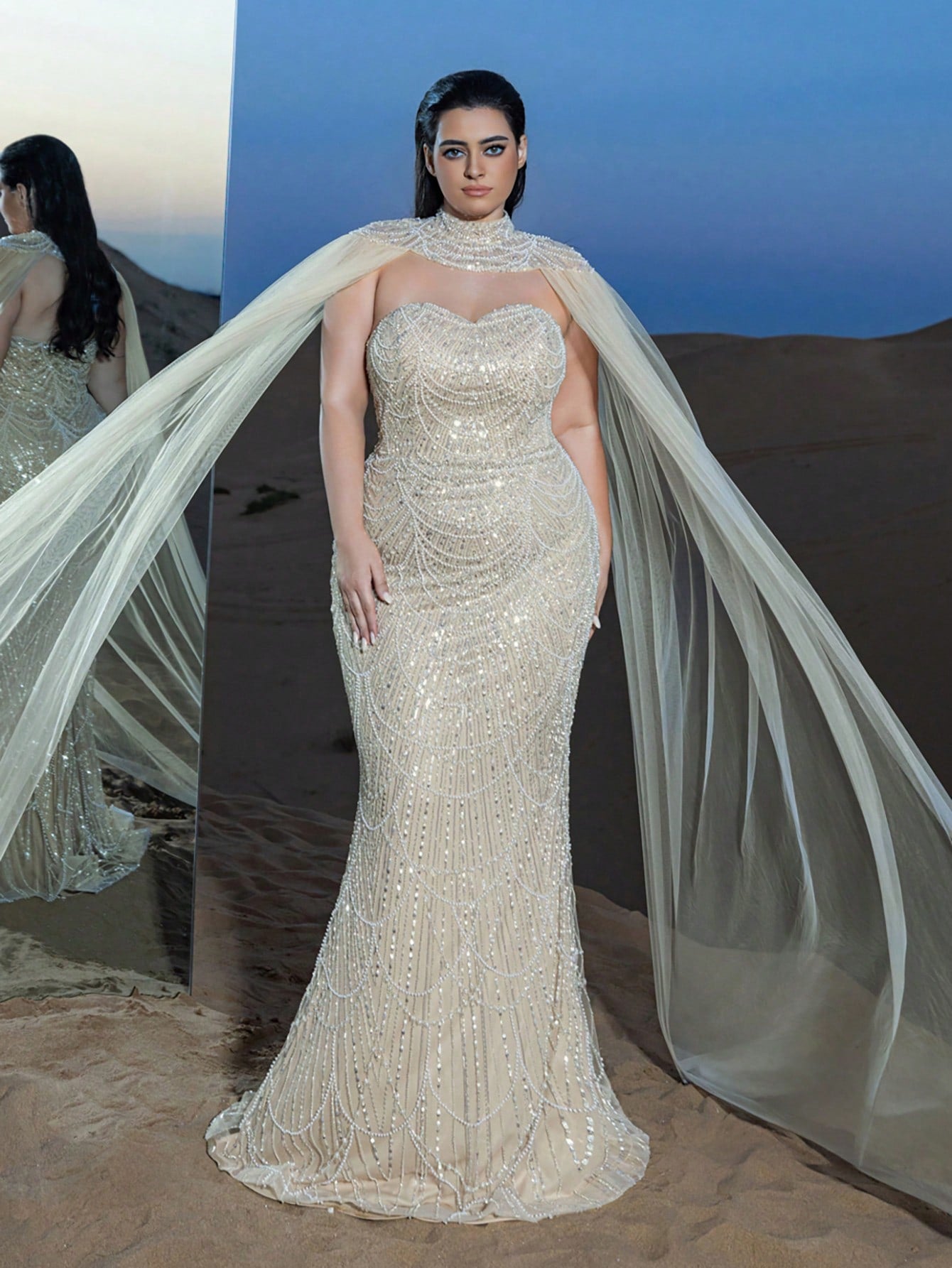Plus Gorgeous Strapless Mermaid Hem Beaded Formal Dresses with Tulle Cape Two-piece Set