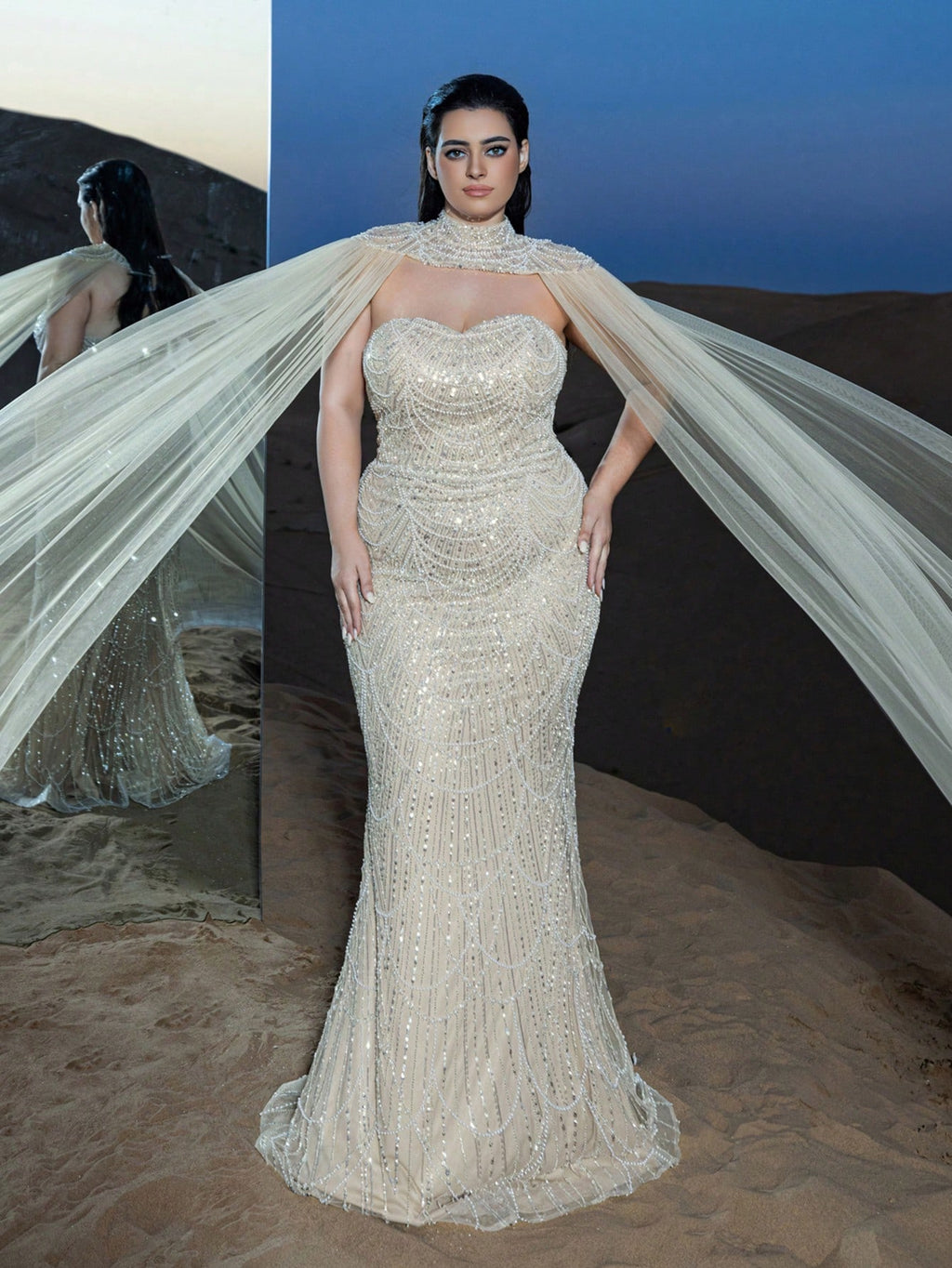 Plus Gorgeous Strapless Mermaid Hem Beaded Formal Dresses with Tulle Cape Two-piece Set