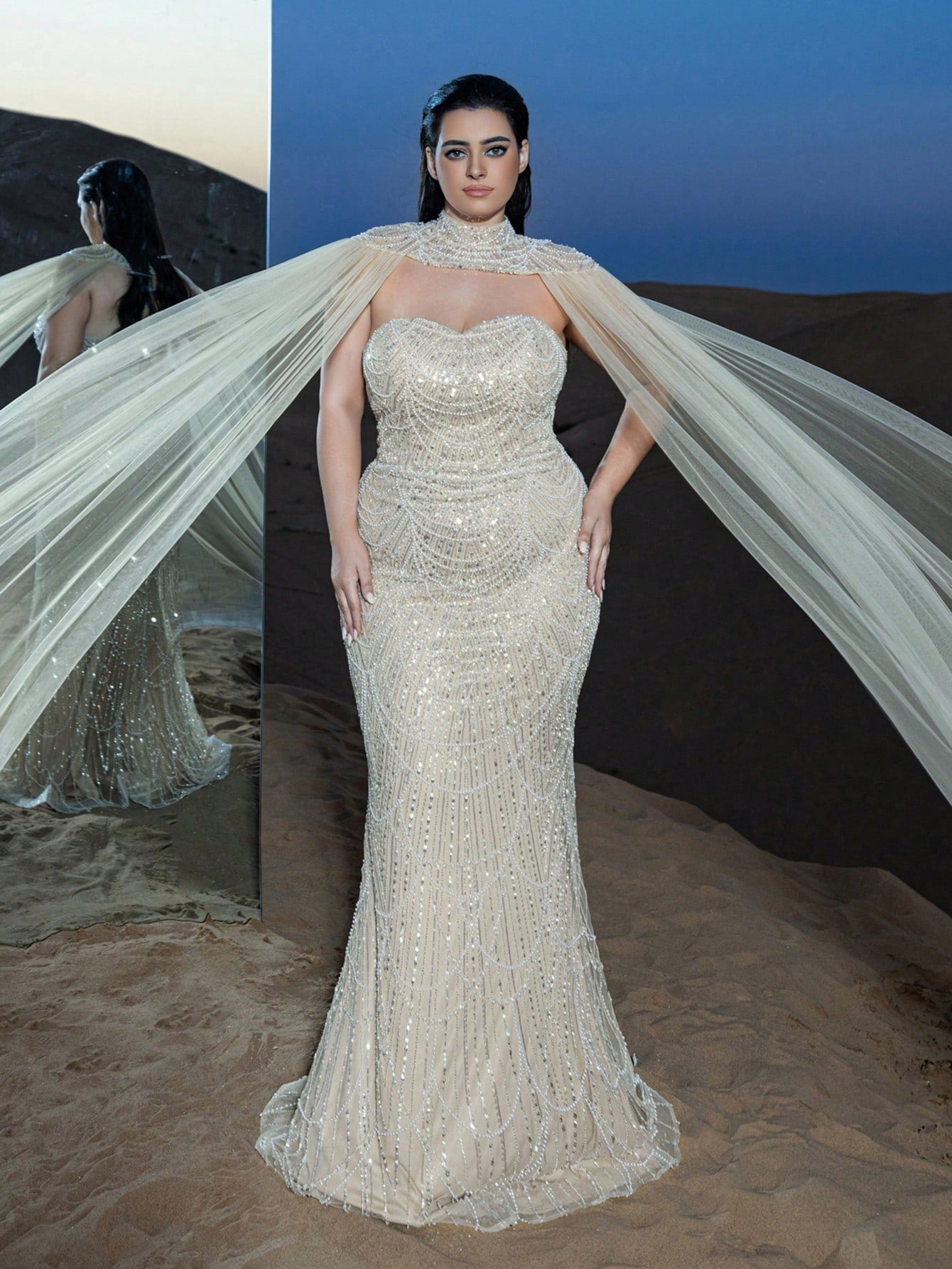 Plus Gorgeous Strapless Mermaid Hem Beaded Formal Dresses with Tulle Cape Two-piece Set