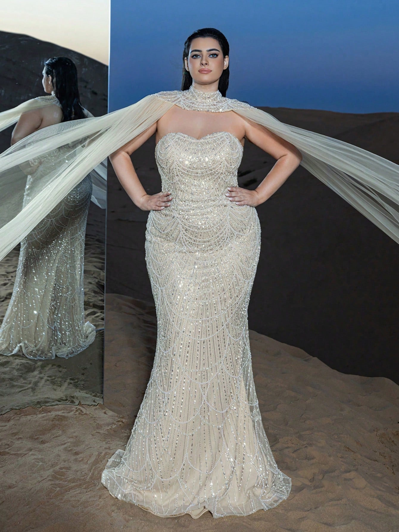 Plus Gorgeous Strapless Mermaid Hem Beaded Formal Dresses with Tulle Cape Two-piece Set