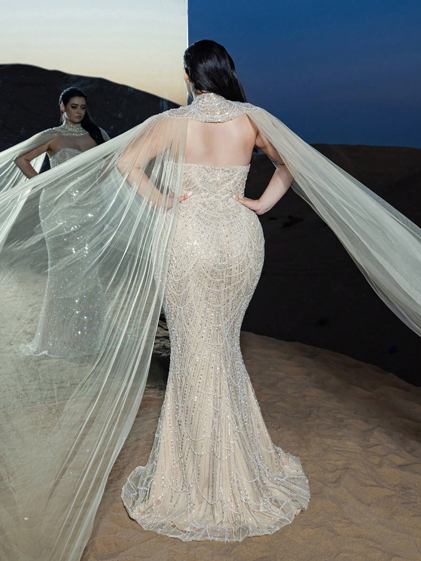 Plus Gorgeous Strapless Mermaid Hem Beaded Formal Dresses with Tulle Cape Two-piece Set