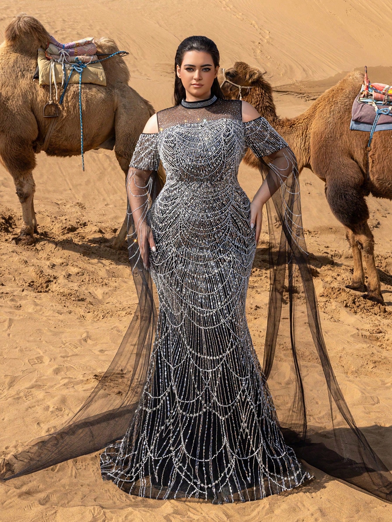 Luxury Rhinestone Detail Mock Neck Cape Sleeves Graphic Sequin Beaded Formal Dresses & Evening Gowns