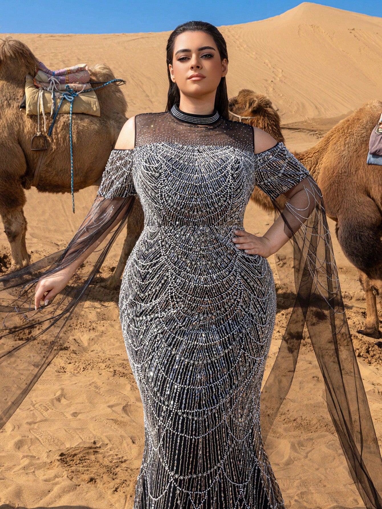 Luxury Rhinestone Detail Mock Neck Cape Sleeves Graphic Sequin Beaded Formal Dresses & Evening Gowns