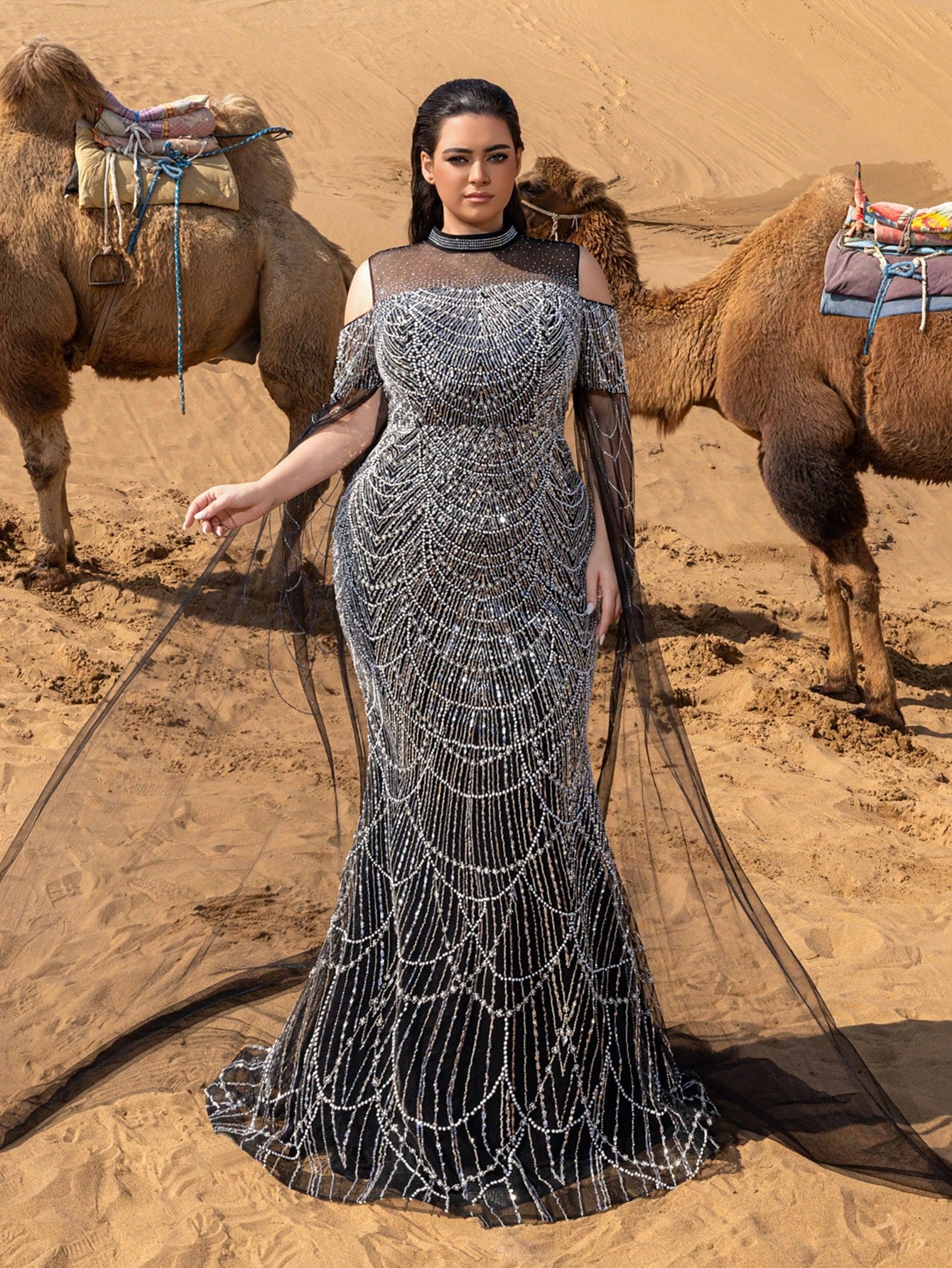 Luxury Rhinestone Detail Mock Neck Cape Sleeves Graphic Sequin Beaded Formal Dresses & Evening Gowns