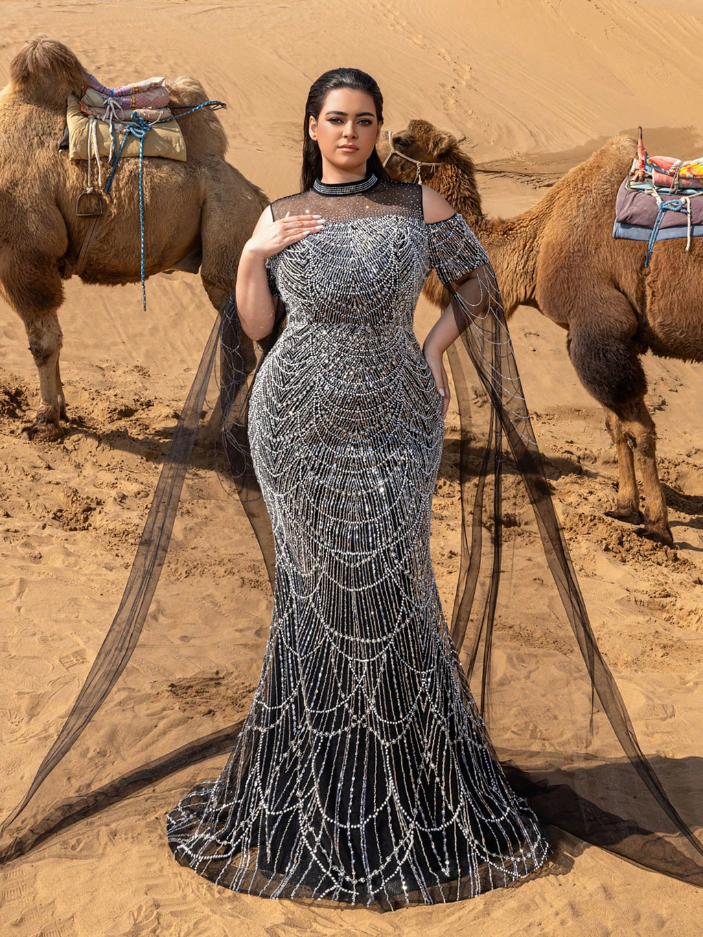 Luxury Rhinestone Detail Mock Neck Cape Sleeves Graphic Sequin Beaded Formal Dresses & Evening Gowns