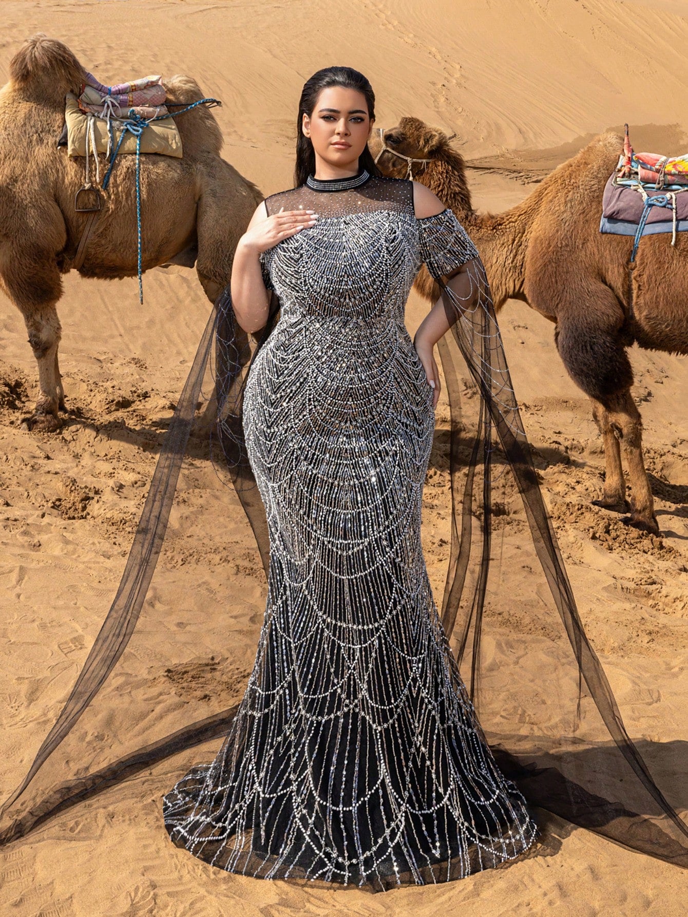 Luxury Rhinestone Detail Mock Neck Cape Sleeves Graphic Sequin Beaded Formal Dresses & Evening Gowns