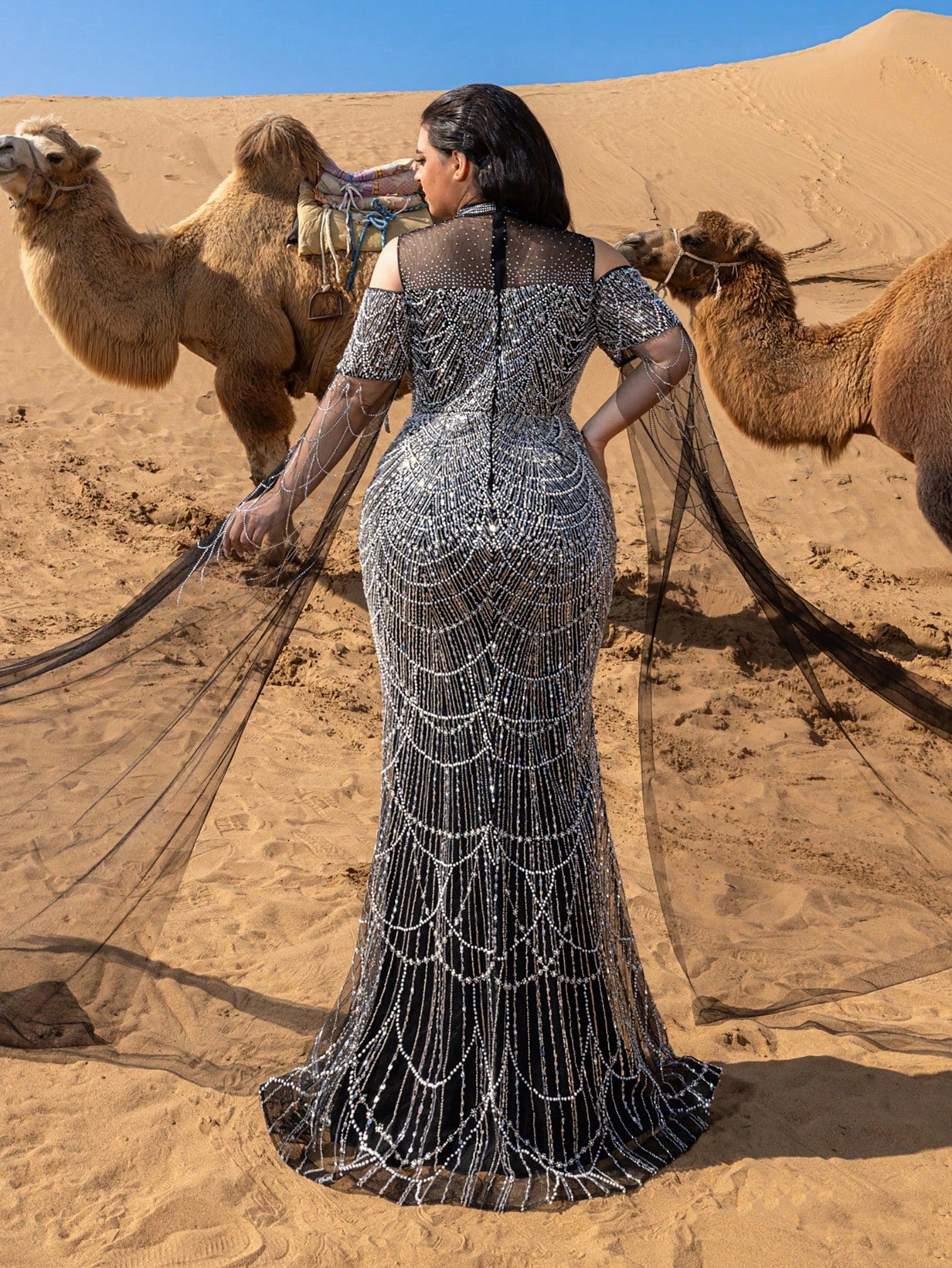 Luxury Rhinestone Detail Mock Neck Cape Sleeves Graphic Sequin Beaded Formal Dresses & Evening Gowns