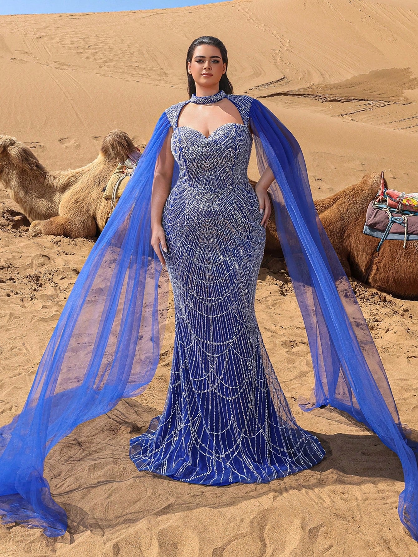 Plus Choker Neck Backless Extra-Long Sleeves Beaded Formal Dresses & Evening Gowns Dress & Embellished Dress