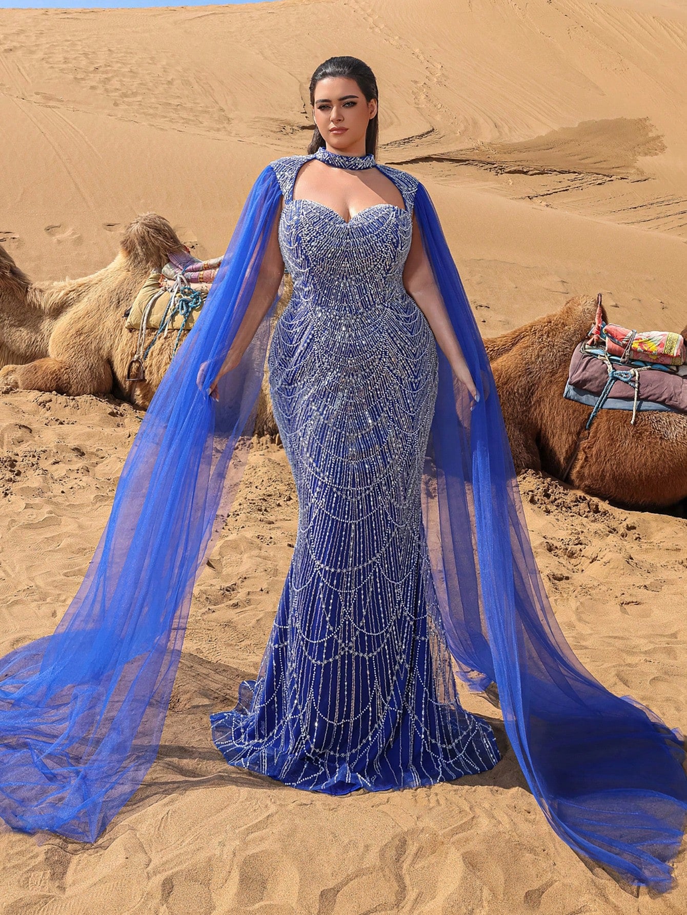 Plus Choker Neck Backless Extra-Long Sleeves Beaded Formal Dresses & Evening Gowns Dress & Embellished Dress